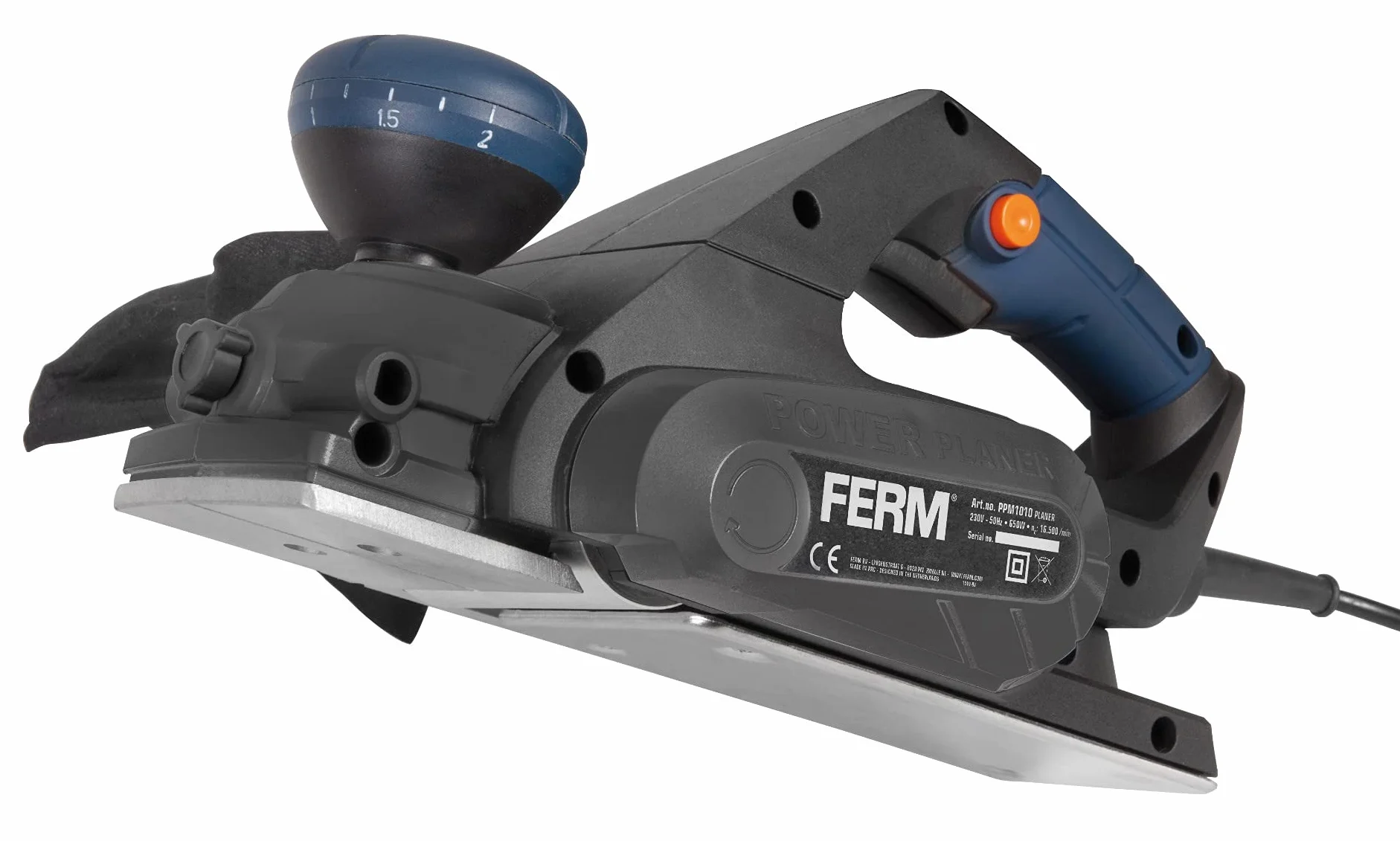 FERM Strug elektryczny, 650 W, miękki uchwyt, 8 pozycji, prowadnica równoległa, z workiem na kurz
