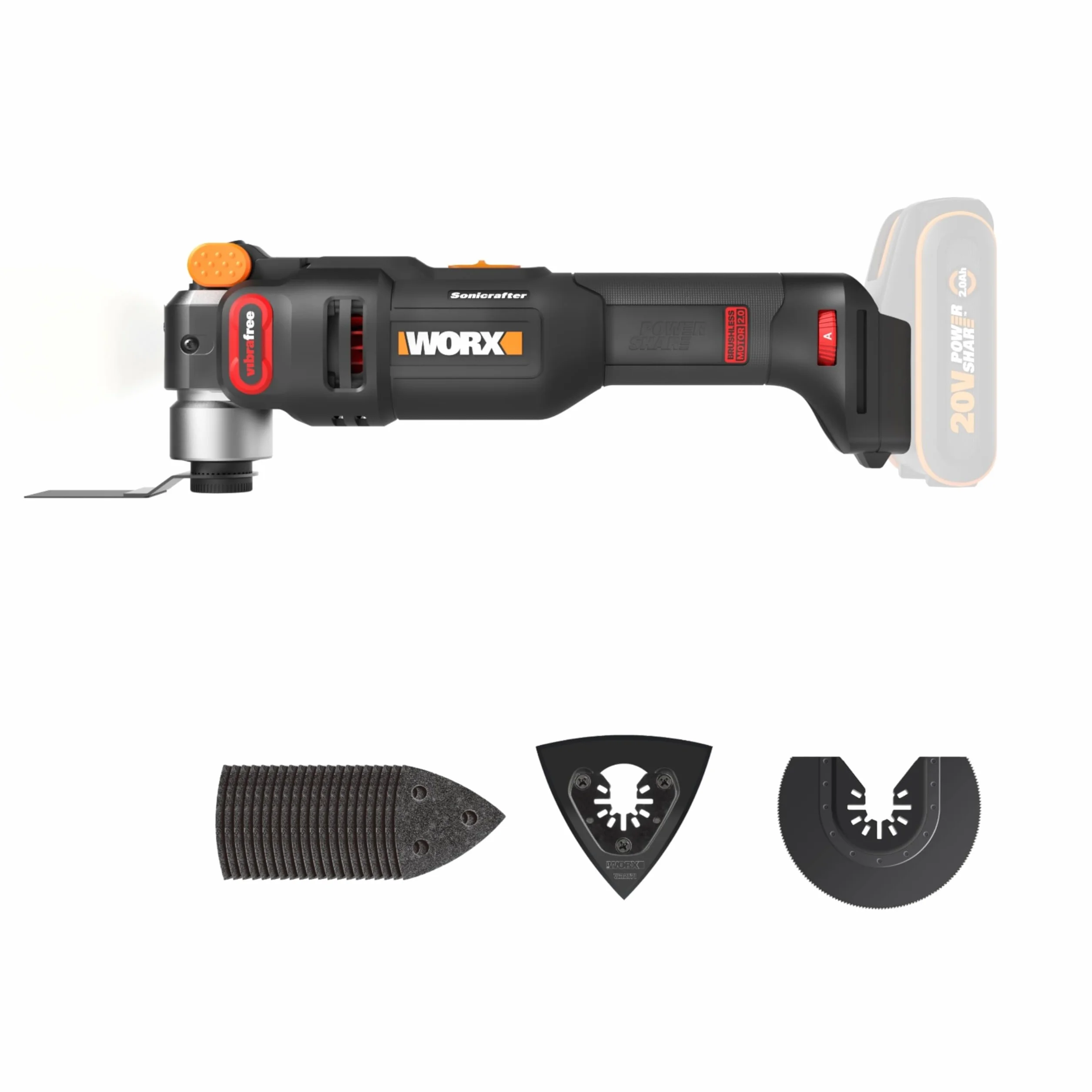 WORX NITRO - Bezprzewodowe narzędzie wielofunkcyjne 20 V - do cięcia, piłowania, szlifowania, skrobania - bezszczotkowy - uniwersalny system mocowania - 23 akcesoria - dostarczany bez baterii i