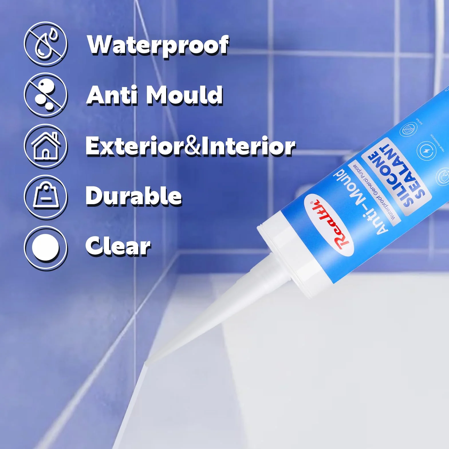 Realth Sanitarny środek uszczelniający do kuchni/łazienki 100 ml | przezroczysty | Długa sanitarna silikonowa uszczelka | Trwałość na wielu | Prysznice toaletowe do płytek okiennych