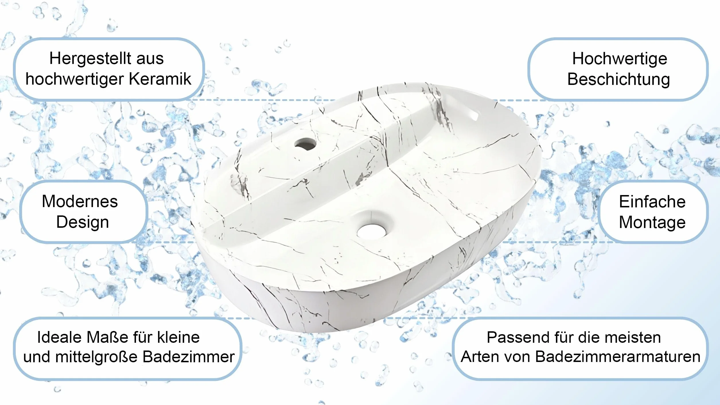 Umywalka owalna ceramiczna - 60 x 40 x 13 cm - nablatowa biały/marmur i WC dla gości - do rąk