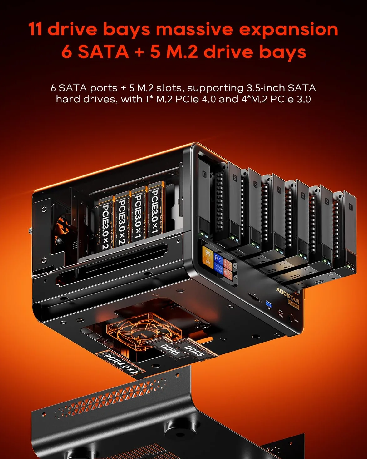 AOOSTAR WTR MAX 11 Bay Desktop NAS mini PC, NAS Server Ryzen 7 PRO 8845HS bez pamięci RAM bez SSD, 6 * 2,5"/3,5" SATA HDD, 4*sloty M.2 NVMe, 2x10GbE, 2x2,5GbE, OCuLink, HDMI 4K, NAS pamięć sieciowa