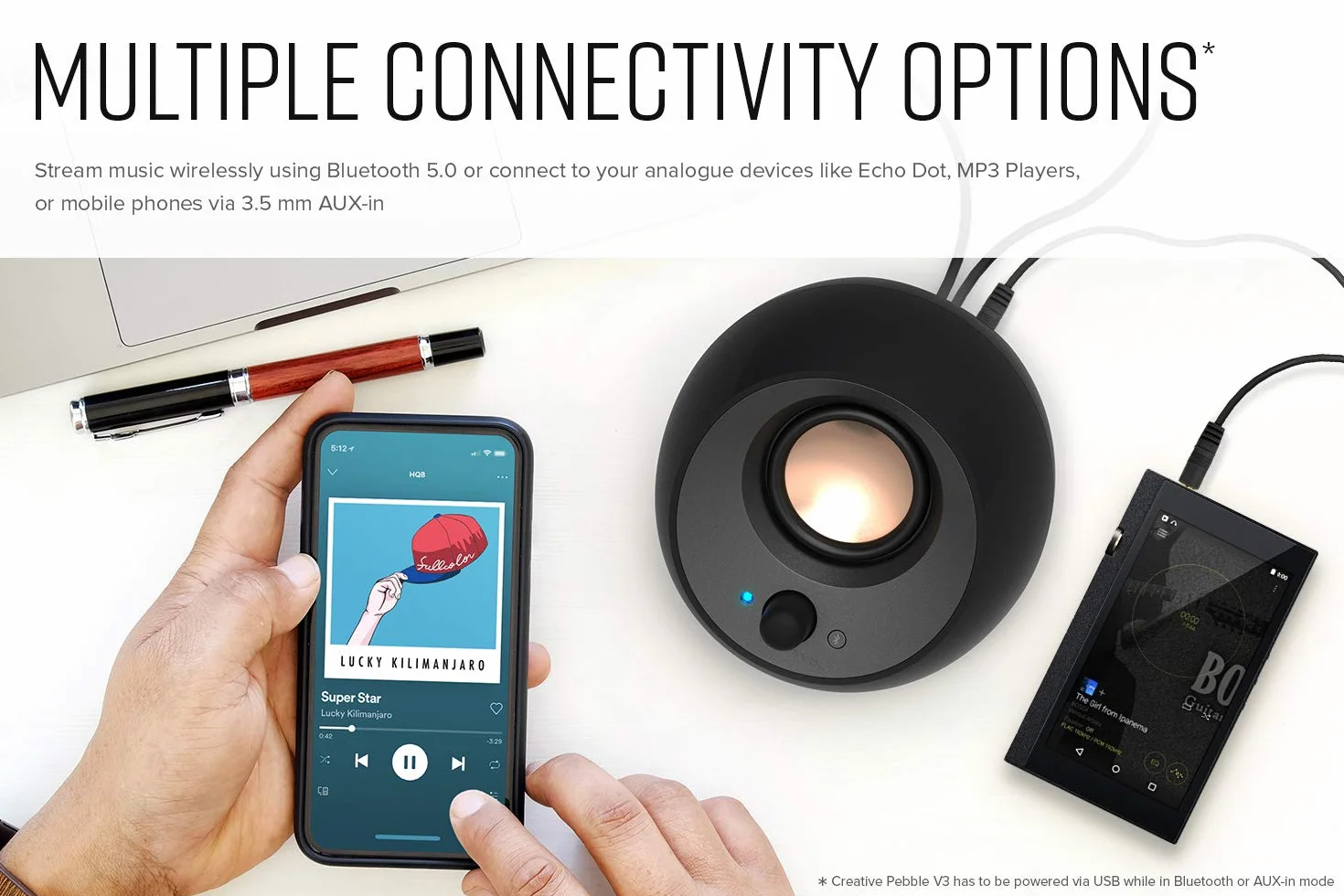 Creative Pebble V3 głośniki stacjonarne 2.0 Bluetooth 5.0 USB-C 8W RMS 16W szczytowa czarny