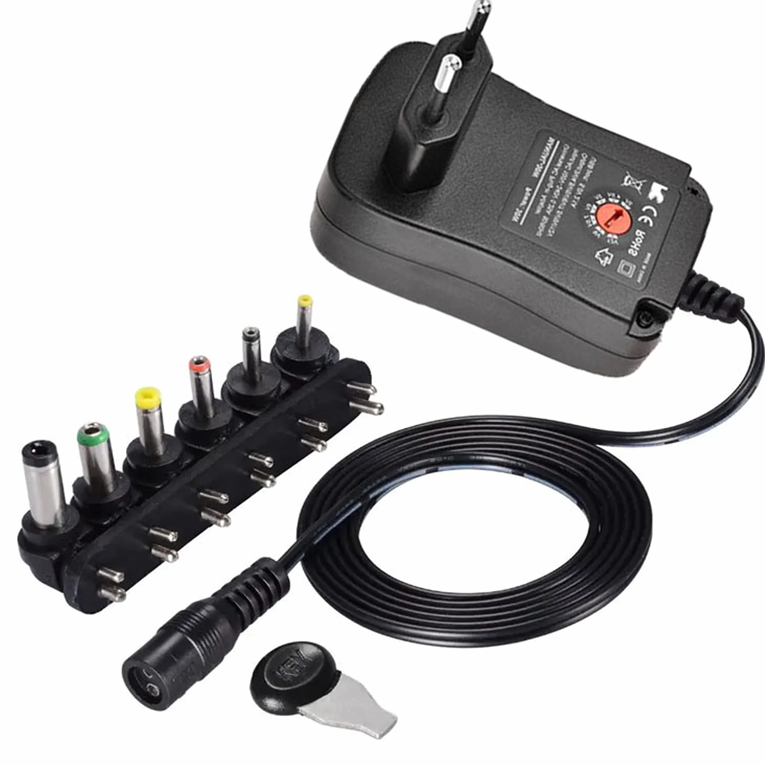 Retoo Uniwersalny zasilacz AC 12 V, uniwersalny zasilacz 30 W, 6 wyjmowanych gniazd, regulowany zasilacz do urządzeń elektronicznych 3-12 V i taśm LED, adapter do