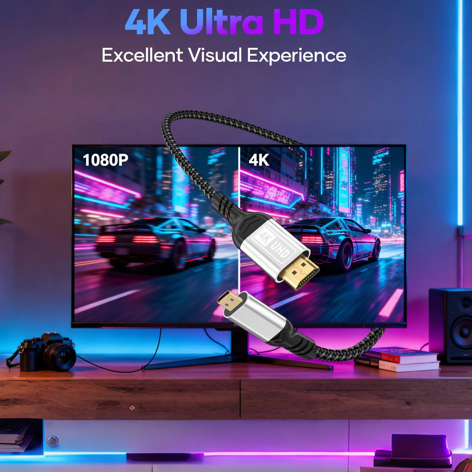Micro HDMI do HDMI, kabel 2 m 4K @60 Hz, micro HDMI 2.0,3D HDR, ARC, kompatybilny z Raspberry Pi 5/4, aparatami A6300 A6400, GoPro Hero 9/8/7/6, joga, TV Odroid, laptopami, monitorami