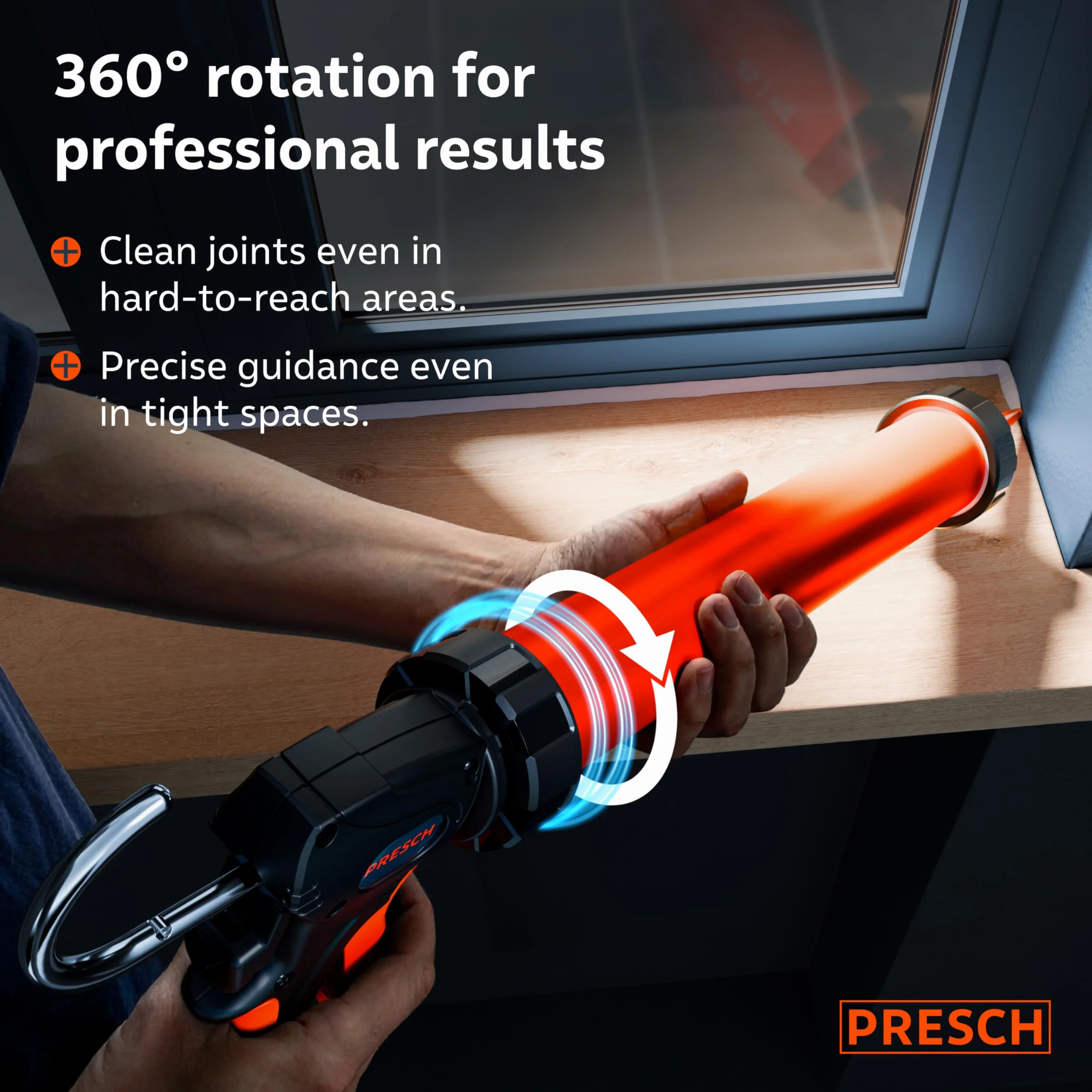 Presch Wyciskacz do folii 600 ml z 2 dyszami – Przełączane przełożenia 24:1 i 12:1 do wszystkich uszczelniaczy i klejów (akryl, silikon, PU) – Obrotowy cylinder 360° z antypoślizgowym uchwytem
