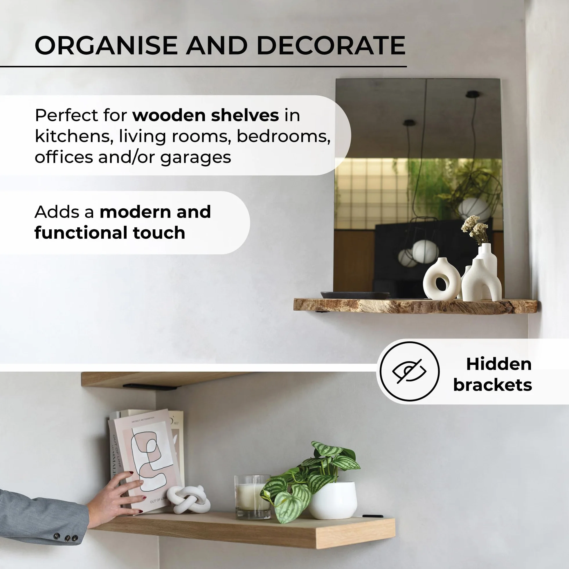 MILUKA Pack 4 Brackets for Shelving 10 cm | Invisible Metal L-shaped Brackets for Wall Shelves | Heavy Duty Steel, 60 kg | Black Industrial Design, Concealed Anchorage