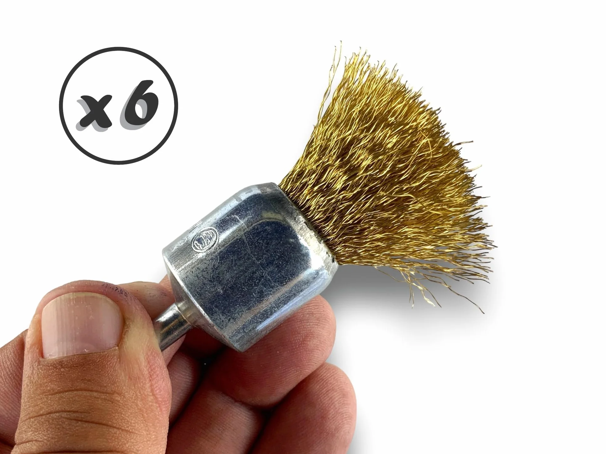 Metalowa szczotka obrotowa z końcówką Ø 22 mm | Zestaw 6 sztuk | Kształt pędzla na trzonku Ø 6 mm | Nici mosiężne Ø 0,20 mm miękkie | Do wiertarki lub wkrętarki z uchwytem | Kibros 20LV22x6