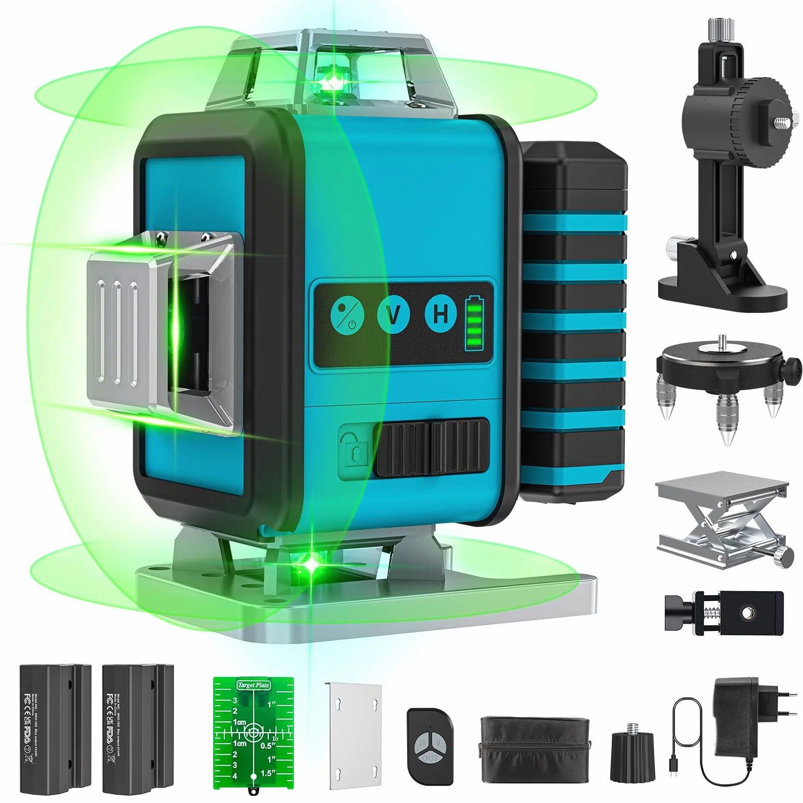 Laser krzyżowy zielony, laser 4 x 360 stopni, laser liniowy, laser krzyżowy, laserowy niwelator, laser budowlany do użytku wewnątrz i na zewnątrz, plac budowy, akumulator x 2