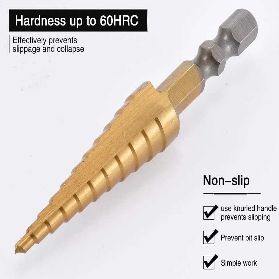 1/4" trzpień sześciokątny 3-13 mm tytanowy powlekany spirala rowkowana wiertło krokowe HSS wiertło krok do tworzywa sztucznego, drewna, metalu, wiertła stożkowe z wieloma otworami
