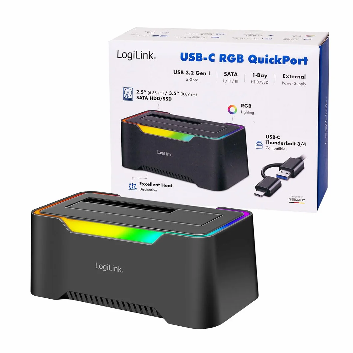 LogiLink USB-C 3.2 Gen1 stacja dokująca do 2,5" i 3,5" SATA HDD/SSD RGB Thunderbolt