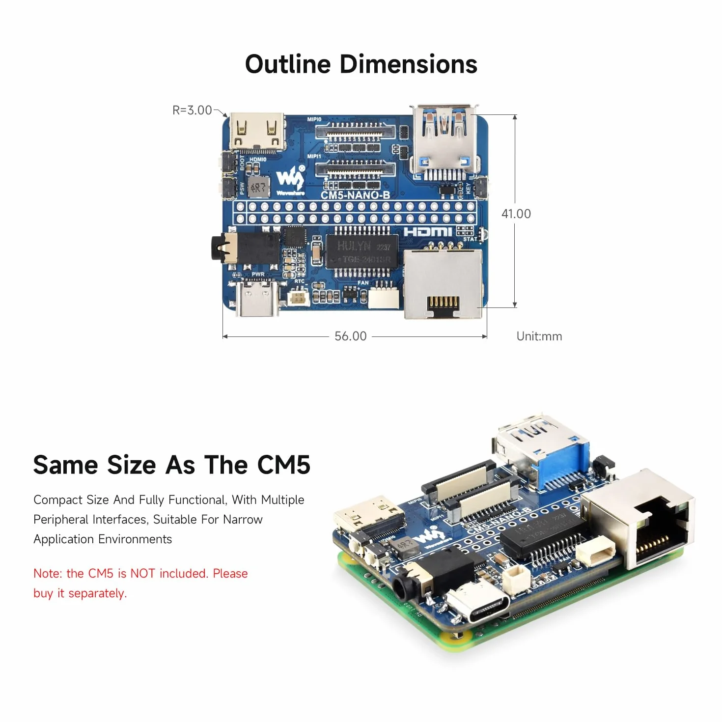 Waveshare Nano Base Board (B) for Raspberry Pi Compute Module 5, Same Size as CM5