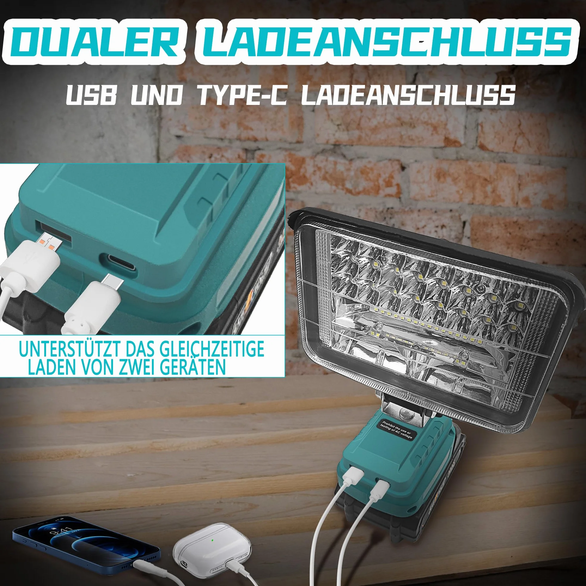 bycpower lampa akumulatorowa do Makita 18 V, 60 W, 5400 lm, bezprzewodowa lampa robocza, 2 tryby pracy LED, reflektor akumulatorowy z 2 ładowaniami USB, przenośny reflektor w sytuacjach awaryjnych, na