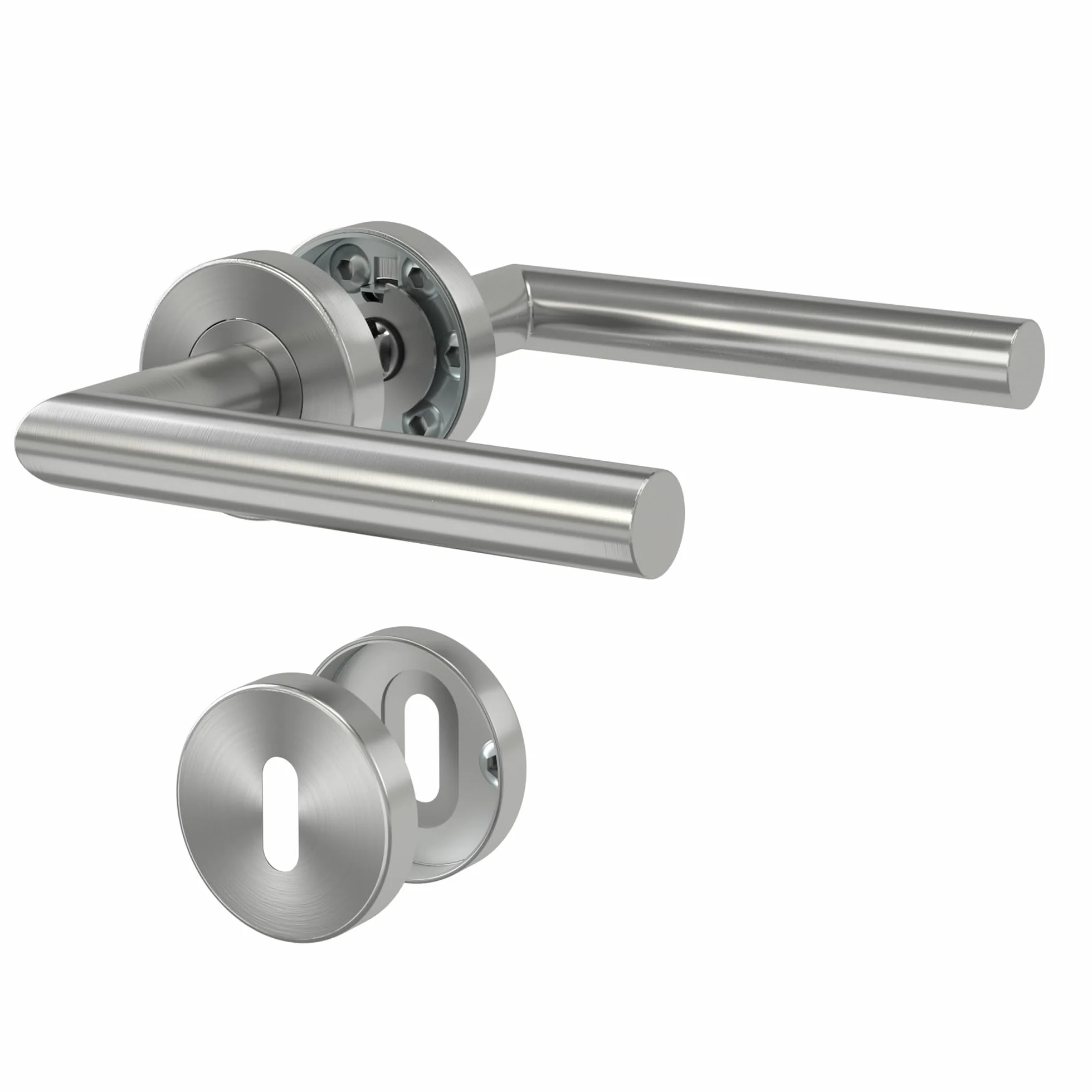 DIYGEEK Klamki do drzwi wewnętrznych, klamka do klamki do kompletu drzwi pokojowych, zestaw klamek ze stali nierdzewnej z rozetą Ø 52 mm BB-Buntbart, kształt litery L, srebrny szczotkowany