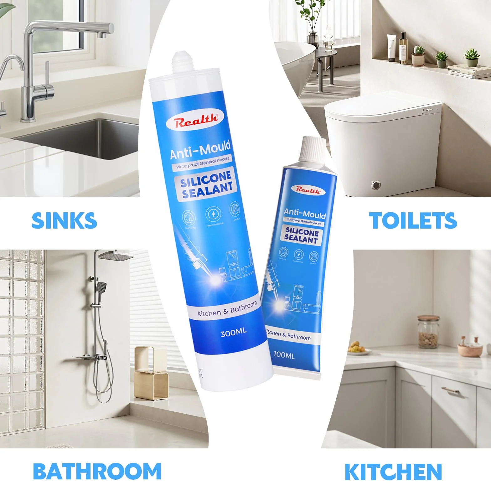 Realth Sanitarny środek uszczelniający do kuchni/łazienki 100 ml | przezroczysty | Długa sanitarna silikonowa uszczelka | Trwałość na wielu | Prysznice toaletowe do płytek okiennych