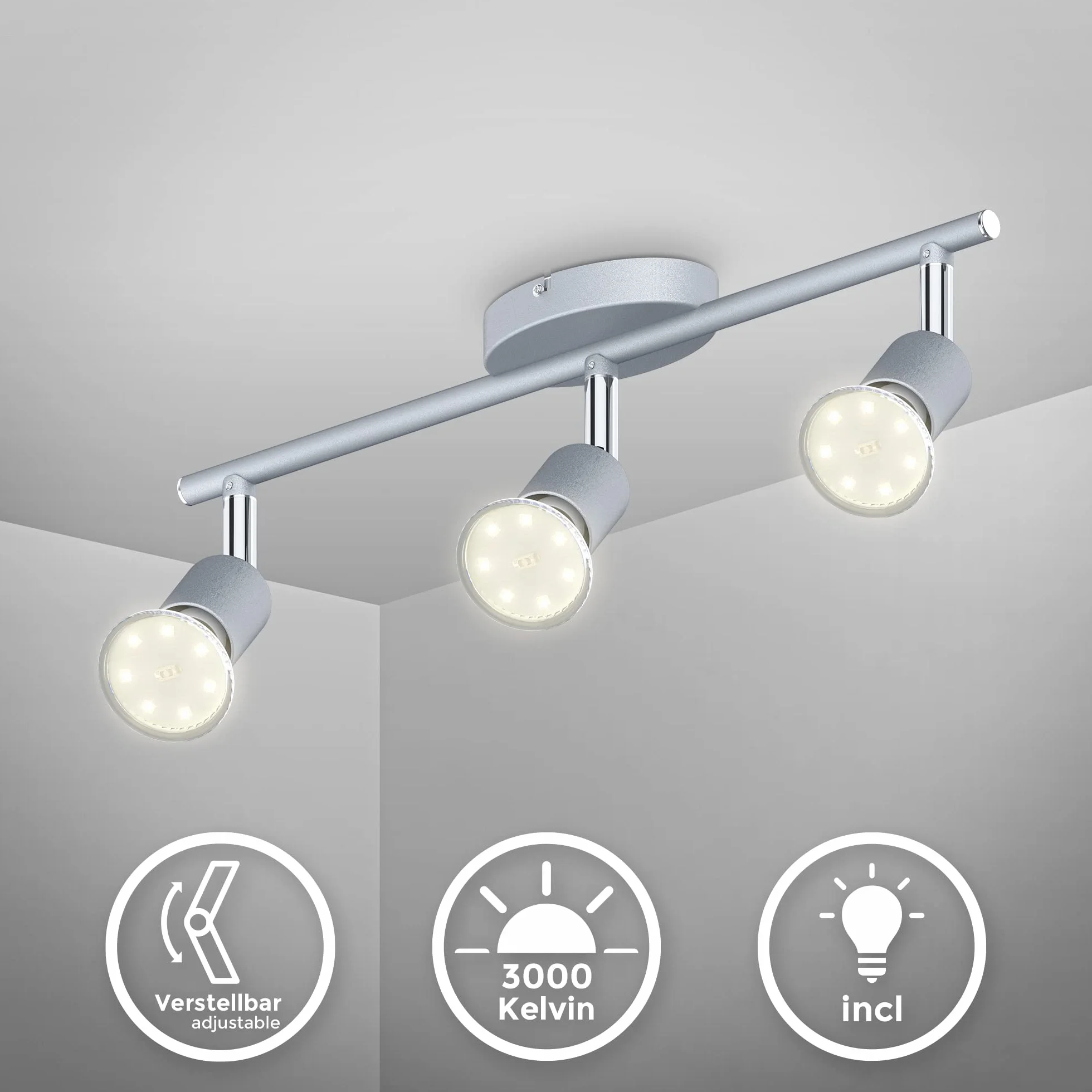B.K.Licht - Lampa sufitowa obrotowa, ciepła biel, oprawa GU10, lampa sufitowa LED, lampa do salonu, sypialni, kuchni, reflektor sufitowy, 38,5 x 10 cm, kolor tytanowy