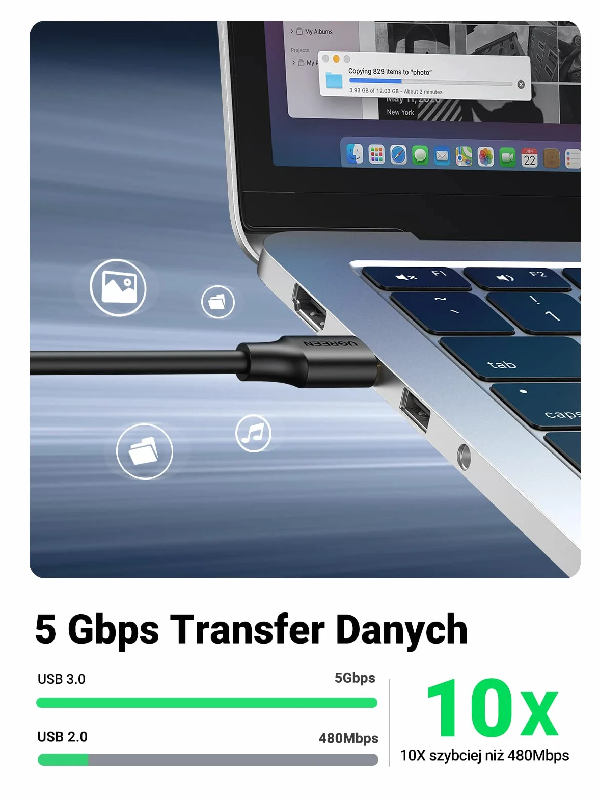 UGREEN USB 3.0 A Przedłużacz Kompatybilny z Czytnikiem Kart, Klawiaturą, Drukarką, Skanerem, Aparatem itp. (3M)