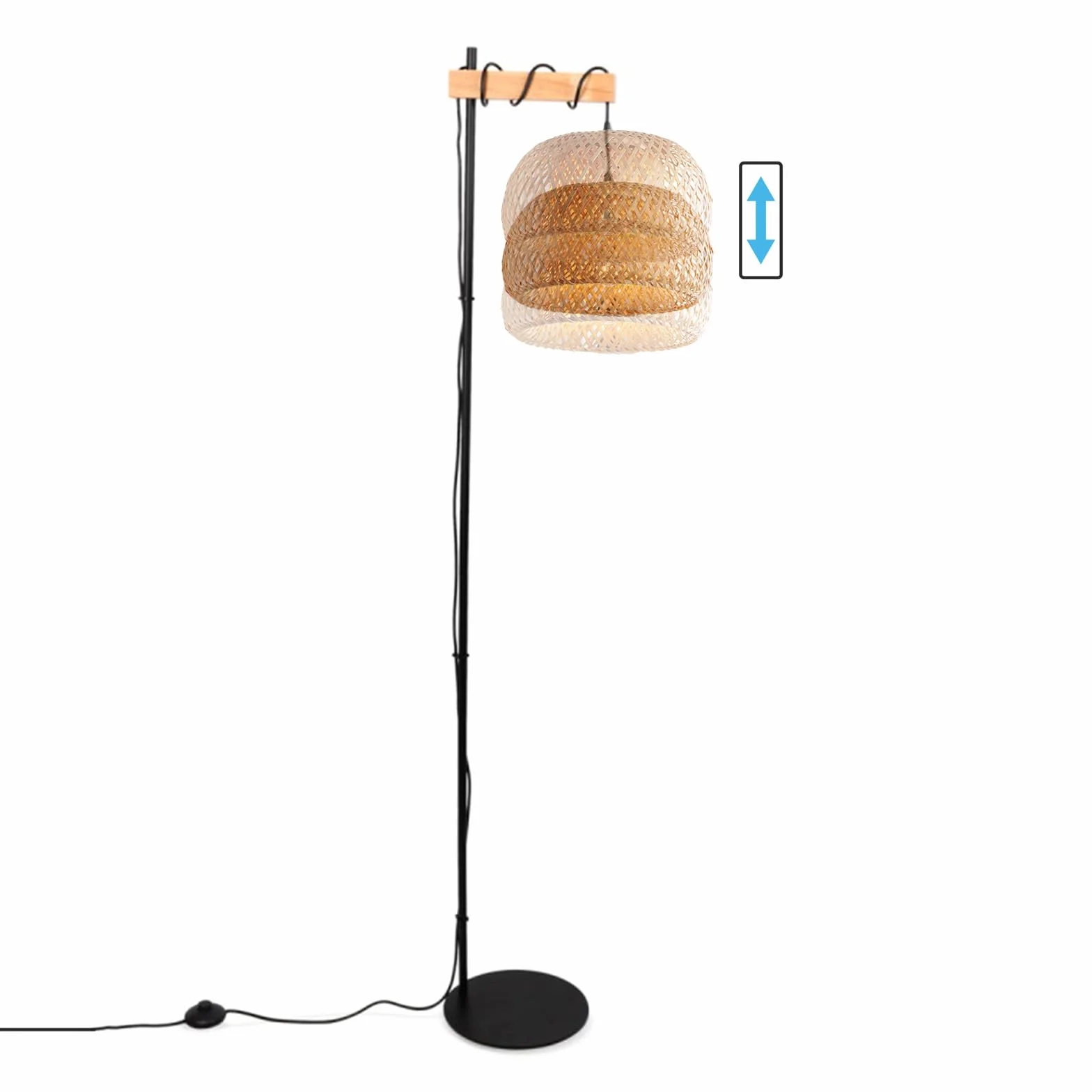 Alpinaluz Ręcznie wykonana lampa podłogowa z naturalnego wiklinowego klosza - czarna i drewniana rama, ultracienka podstawa, przełącznik nożny - nowoczesny styl Boho, wysokość 157 cm, E27