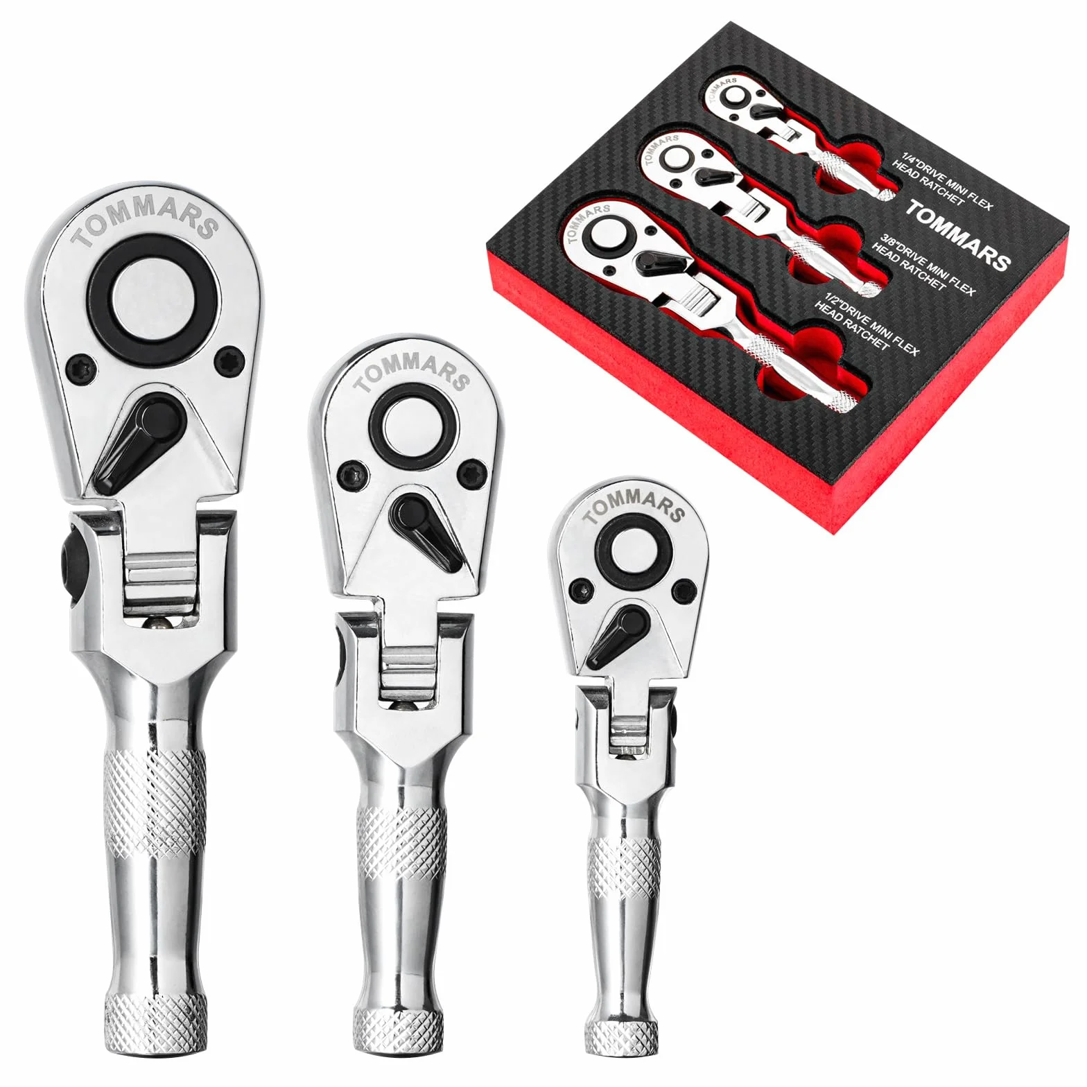 TOMMARS Flex-Head Stubby Zestaw grzechotkowy, 1/10.2 cm, 3/20.3 cm, 1/5.1 cm, elastyczny mini klucz z grzechotką, 72-zębowy szybkozłączny, odwracalny
