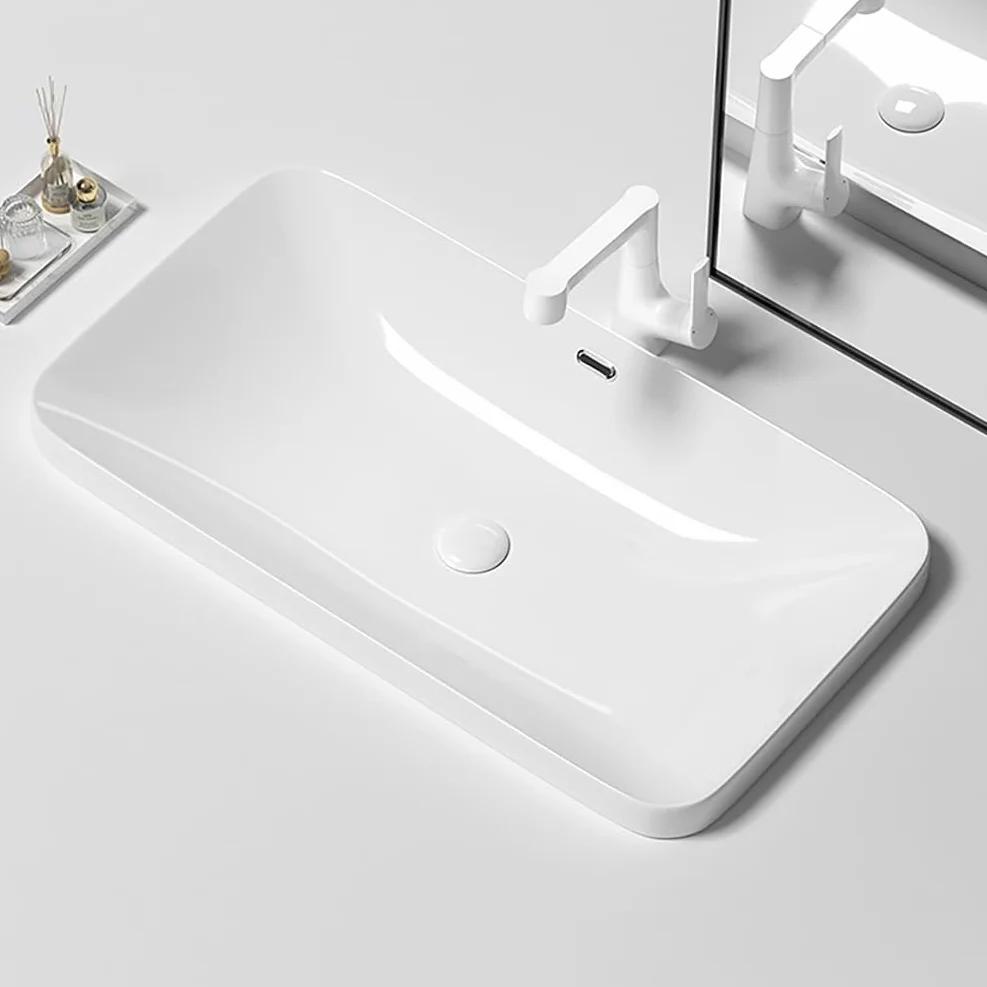 Półwpuszczana umywalka nablatowa Ultracienka z odpływem Duże umywalki wpuszczane Prostokątna biała ceramiczna nowoczesna umywalka do domu lub hotelu,White,L28"*H6"*W16"