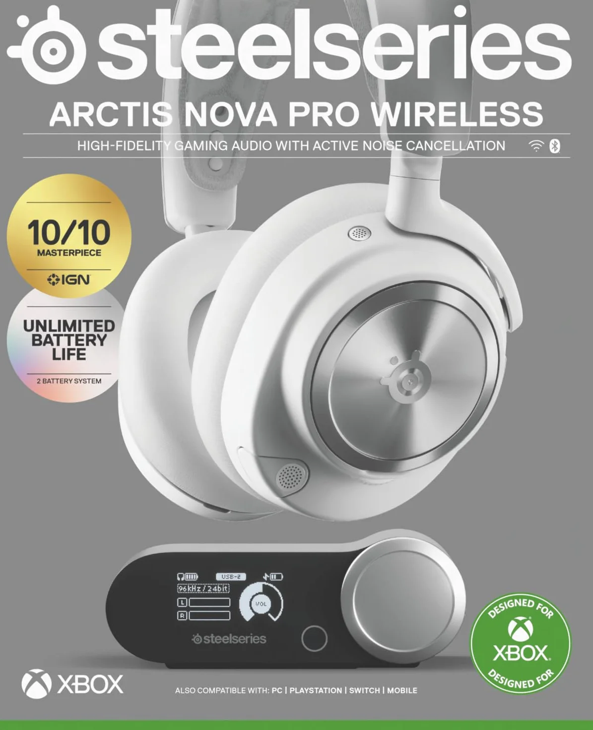 SteelSeries Arctis Nova Pro Wireless Xbox - wieloplatformowe bezprzewodowe słuchawki do gier - ANC - Białe