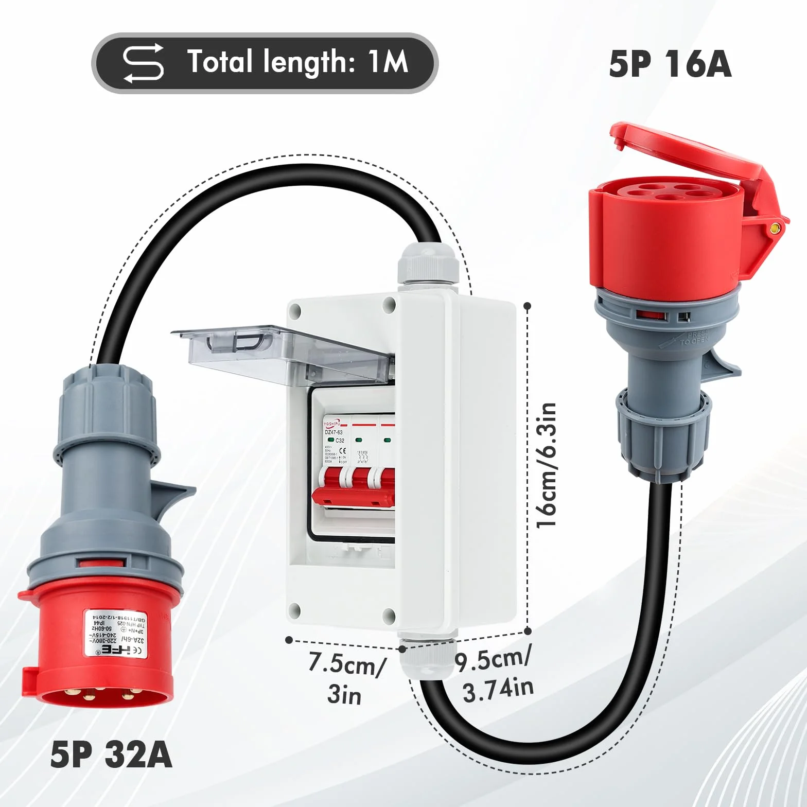 Adapter CEE 32A do 16A, wtyczka CEE IP44 z wyłącznikiem nadprądowym, wtyczka 32A 400V do gniazda 16A 400V, przedłużacz wysokonapięciowy CEE, adapter wysokonapięciowy i gniazdo (32A do 16A)