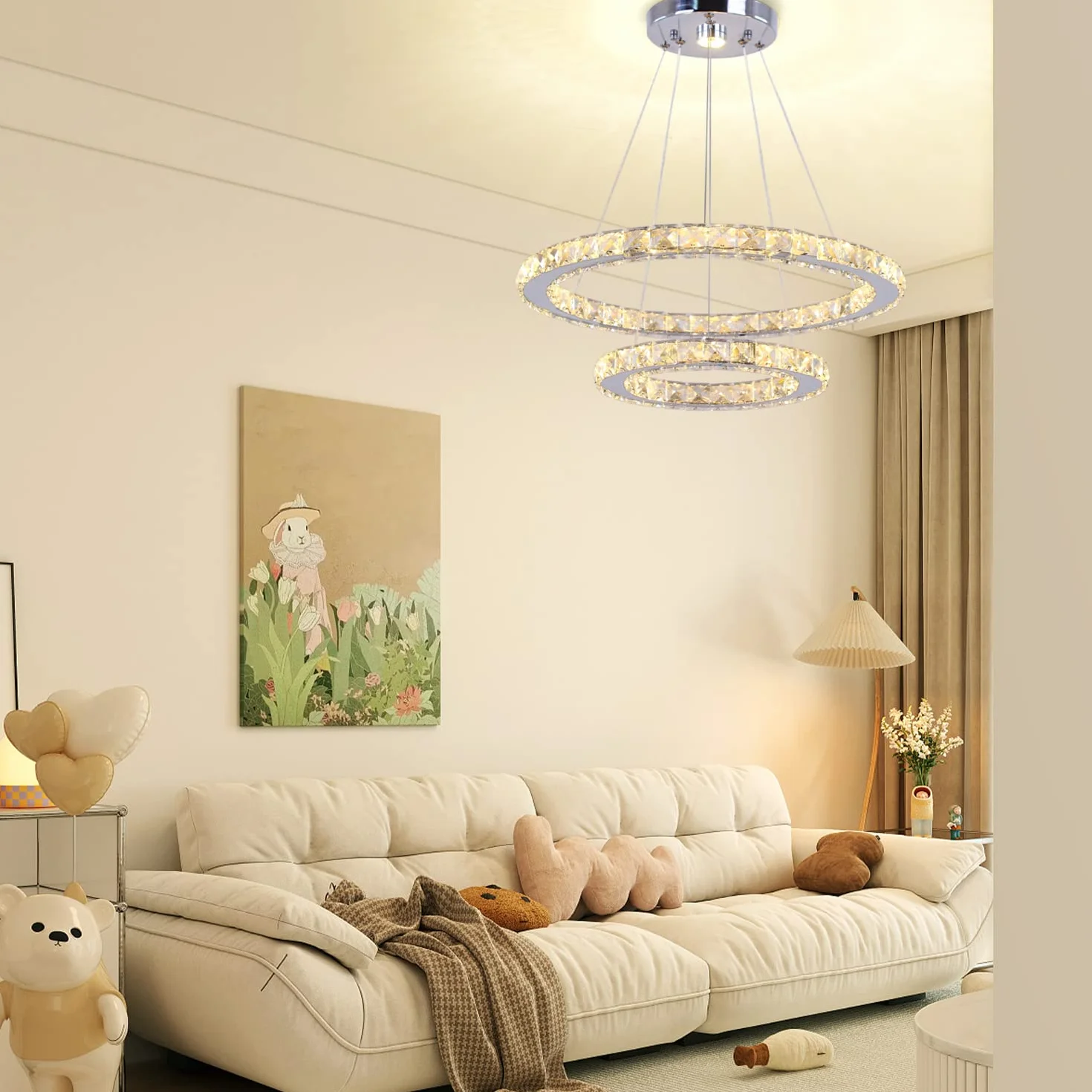 Finktonglan Kryształowy żyrandol LED, 2 pierścienie (Ø 30 i 50 cm), lampa wisząca z regulacją wysokości, ciepła biel 3000 K, 50 W LED, stal nierdzewna/kryształ K9, do salonu i jadalni