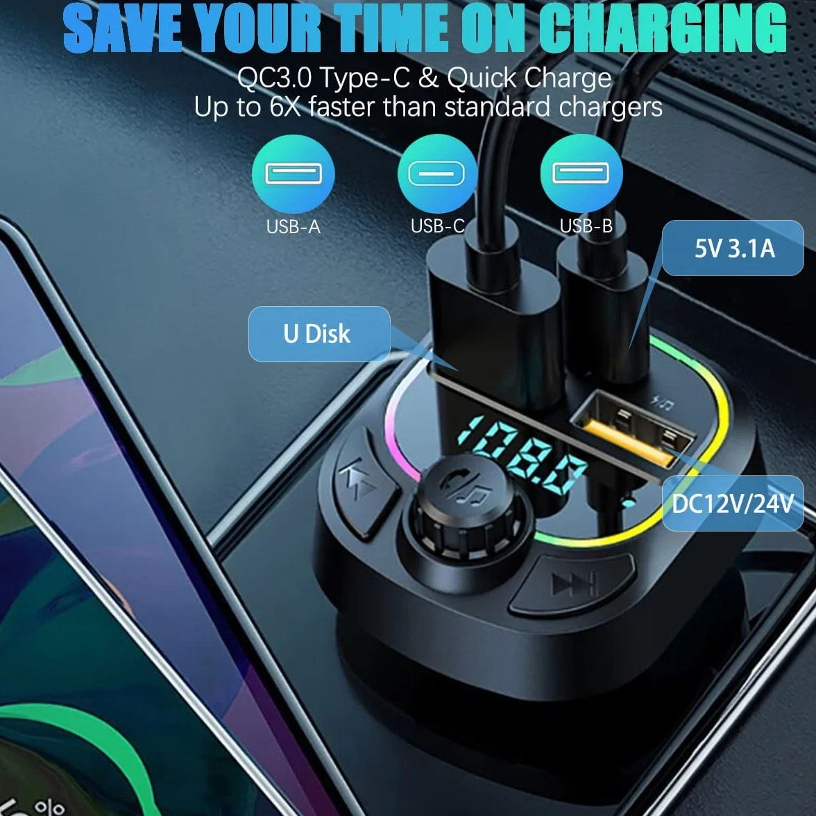 Adapter samochodowy Bluetooth 5.0 FM z QC3.0 Type-C 5V/3.1A