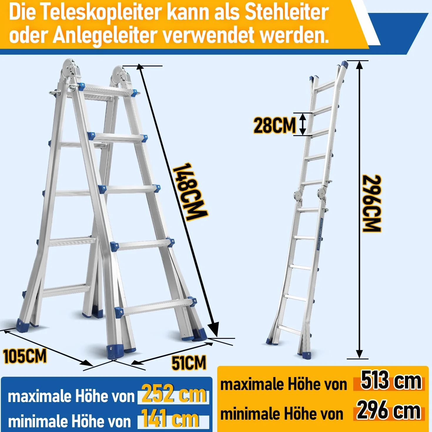 Drabina wielofunkcyjna 513 cm, 4 x 5, szczeble 3 w 1, drabina aluminiowa, składana, maks. obciążenie 150 kg, drabina przesuwna, obustronna drabina stojąca i schodowa