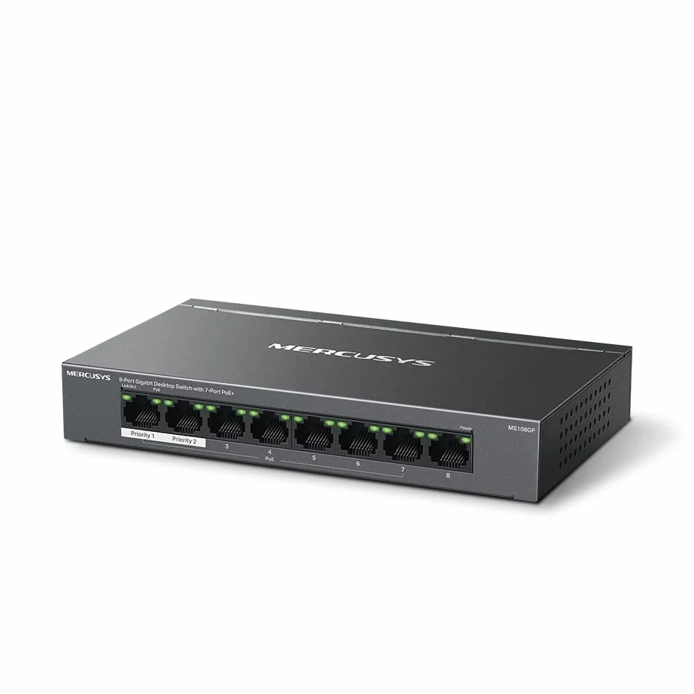 Mercusys MS108GP | 8-Portowy Przełącznik Gigabitowy | 7× Portów PoE+ | Budżet PoE 65W | Tryby Extend i Isolation | Metalowa Obudowa | Plug & Play