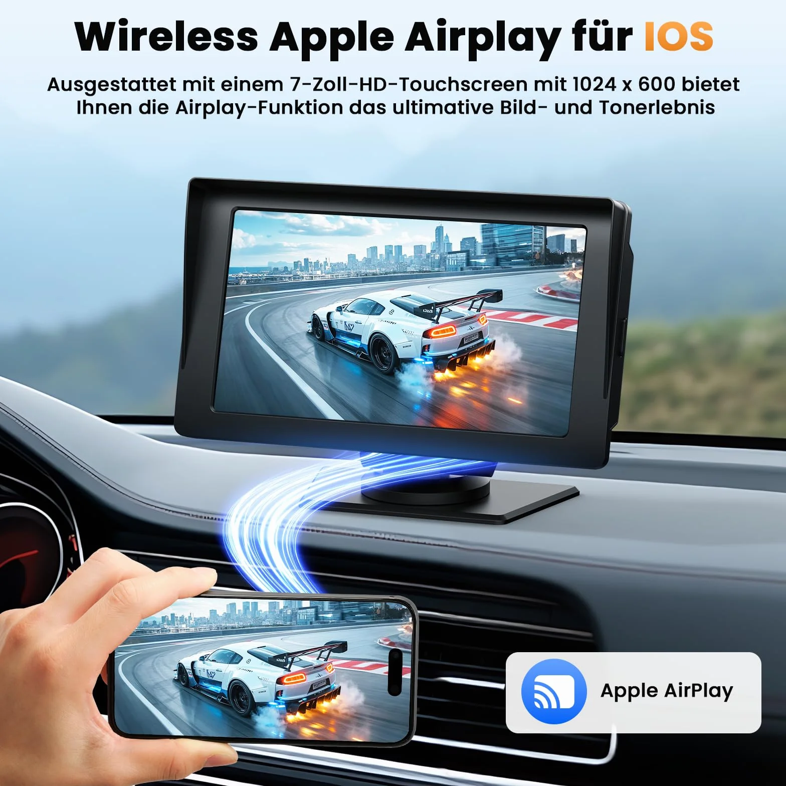Volam Bezprzewodowy wyświetlacz Carplay Android Auto z 7-calowym ekranem dotykowym, ekran Car Play z nawigacją GPS, asystent głosowy, Mirror Link, Bluetooth 5.0, AUX, FM