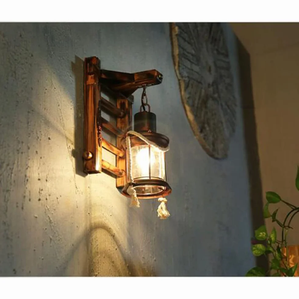 Retro Drewniana Lampa ścienna Kinkiet Schodowy Kreatywna Bambusowa Lampa Wisząca Vintage Konopna Lina Rustykalny Kinkiet Szklany klosz Kinkiety Do Sypialni Restauracja Hotel Korytarz Jadalnia