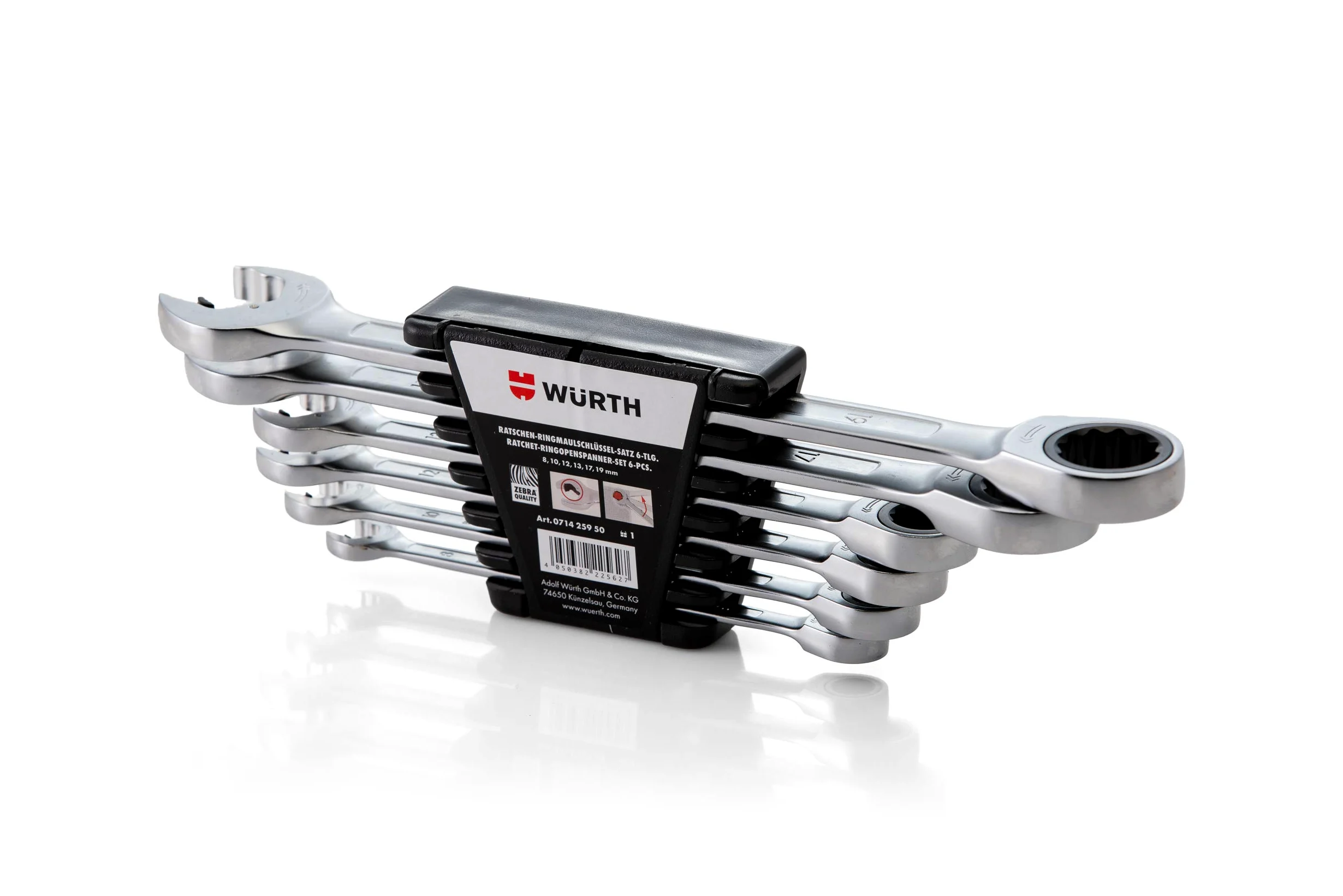 Würth Zebra Klucz grzechotkowy 8, 10, 12, 13, 17, 19 mm, z plastikowym uchwytem, z grzechotką boczną i grzechotką, klucz grzechotkowy