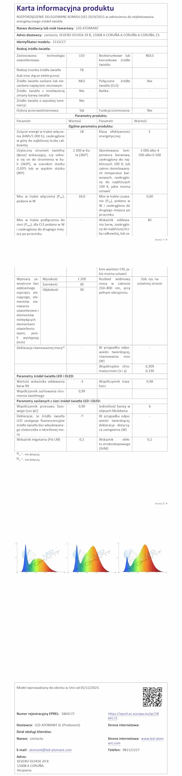LED ATOMANT Opakowanie z 4 lampkami LED 120 cm 18 W, CCT (przełącznik wyboru koloru ciepła biel, neutralna biel lub zimna biel), 2200 lumenów, rozrusznik w zestawie, norma T8