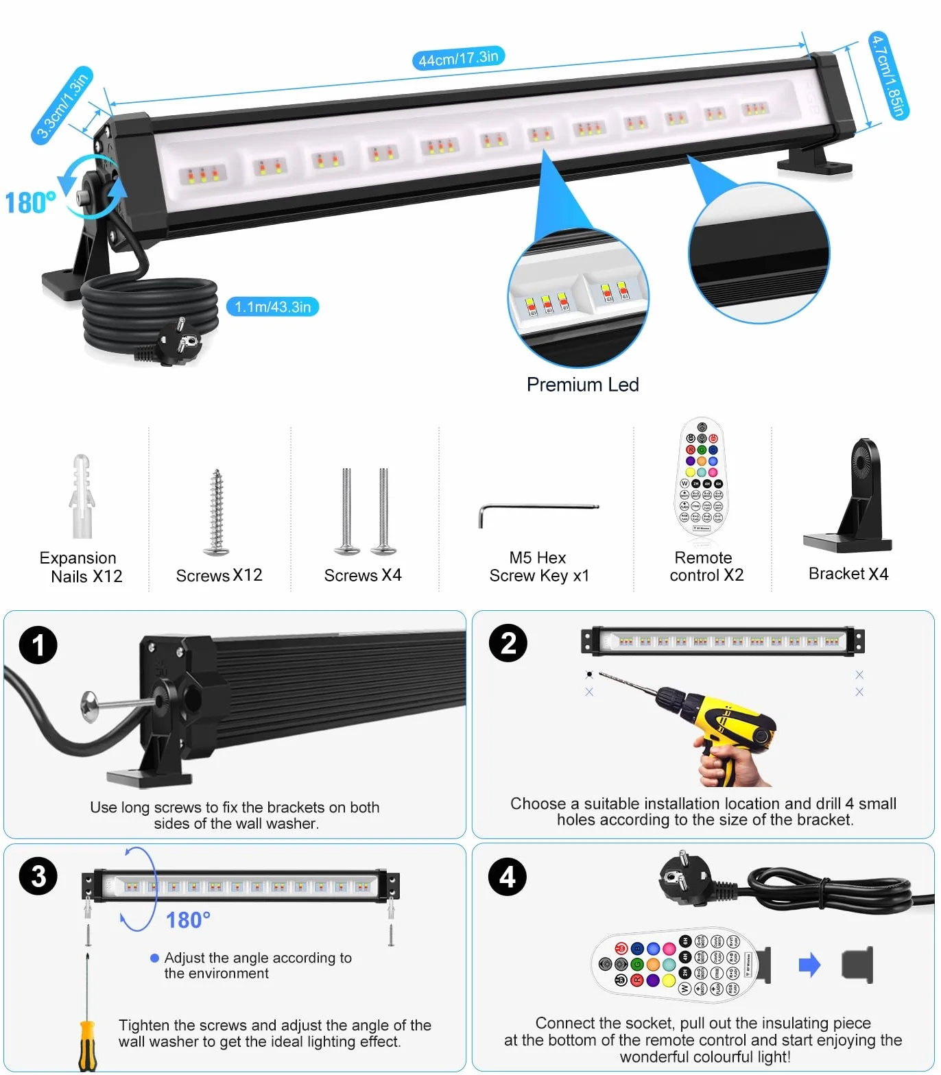 MEIHUA Reflektory Led RGB 42 W, zestaw 2 drążków LED, zmiana kolorów, IP66, wodoodporny, 10 kolorów i 12 trybów z jasnością i regulowaną prędkością, wielokolorowe oświetlenie, do użytku na zewnątrz,