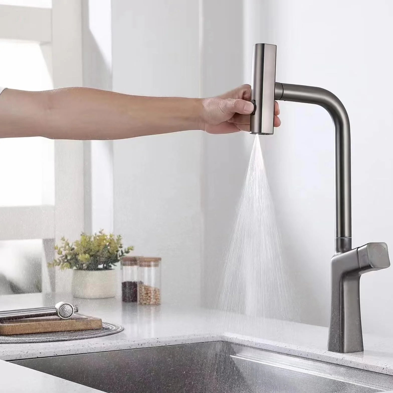 Bateria kuchenna Waterfall z wyciąganą wylewką, bateria kuchenna z pojedynczym uchwytem, bateria kuchenna High Arc Gun Gray Kitchen Mixer Tap