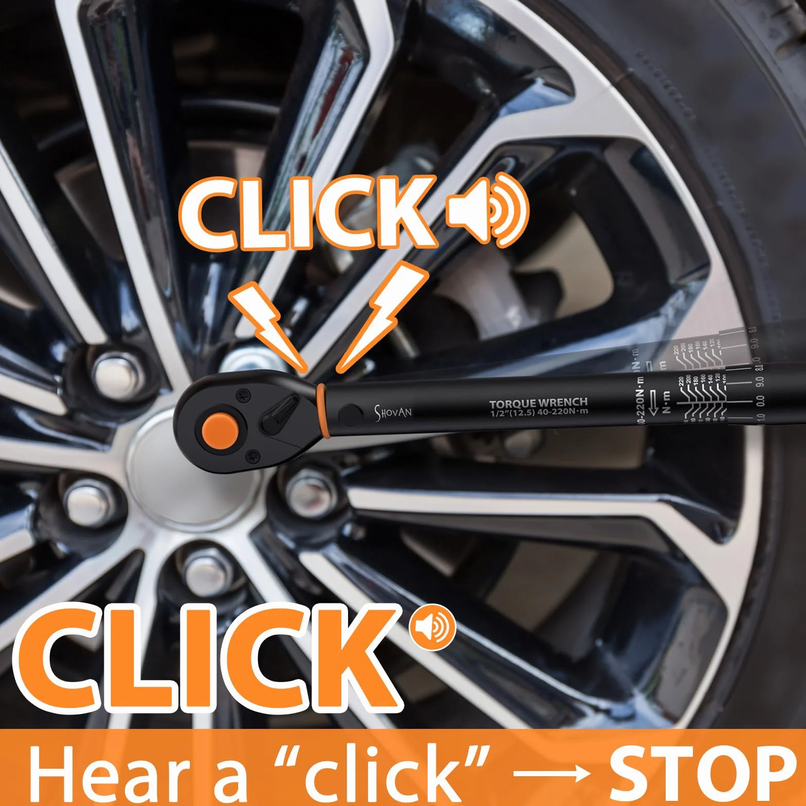 ss shovan Klucz dynamometryczny do samochodu, 1/2 cala, 40-220 Nm, atest TÜV Süd GS, 4-częściowy zestaw do wymiany opon z kliknięciem ±3% – przedłużenie 125 mm, adapter i przegub uniwersalny – do