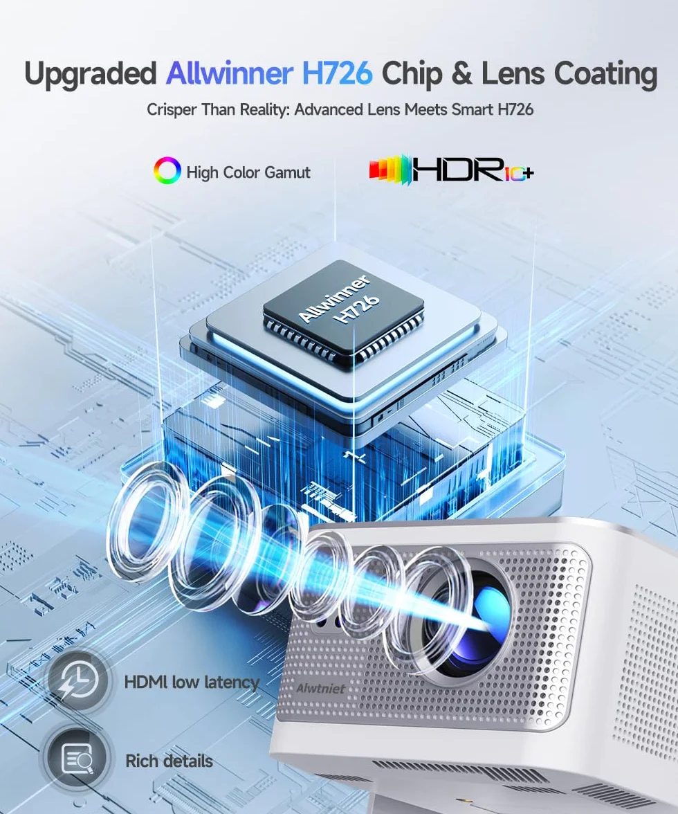 Alwtniet Mini projektor 4K 8K, obsługa Full HD 1080p, Smart Projector z systemem Android 14, WiFi 6 Bluetooth 5.4, autofokus, automatyczne ustawianie ostrości, 180°, małe kino domowe, ultrakrótki