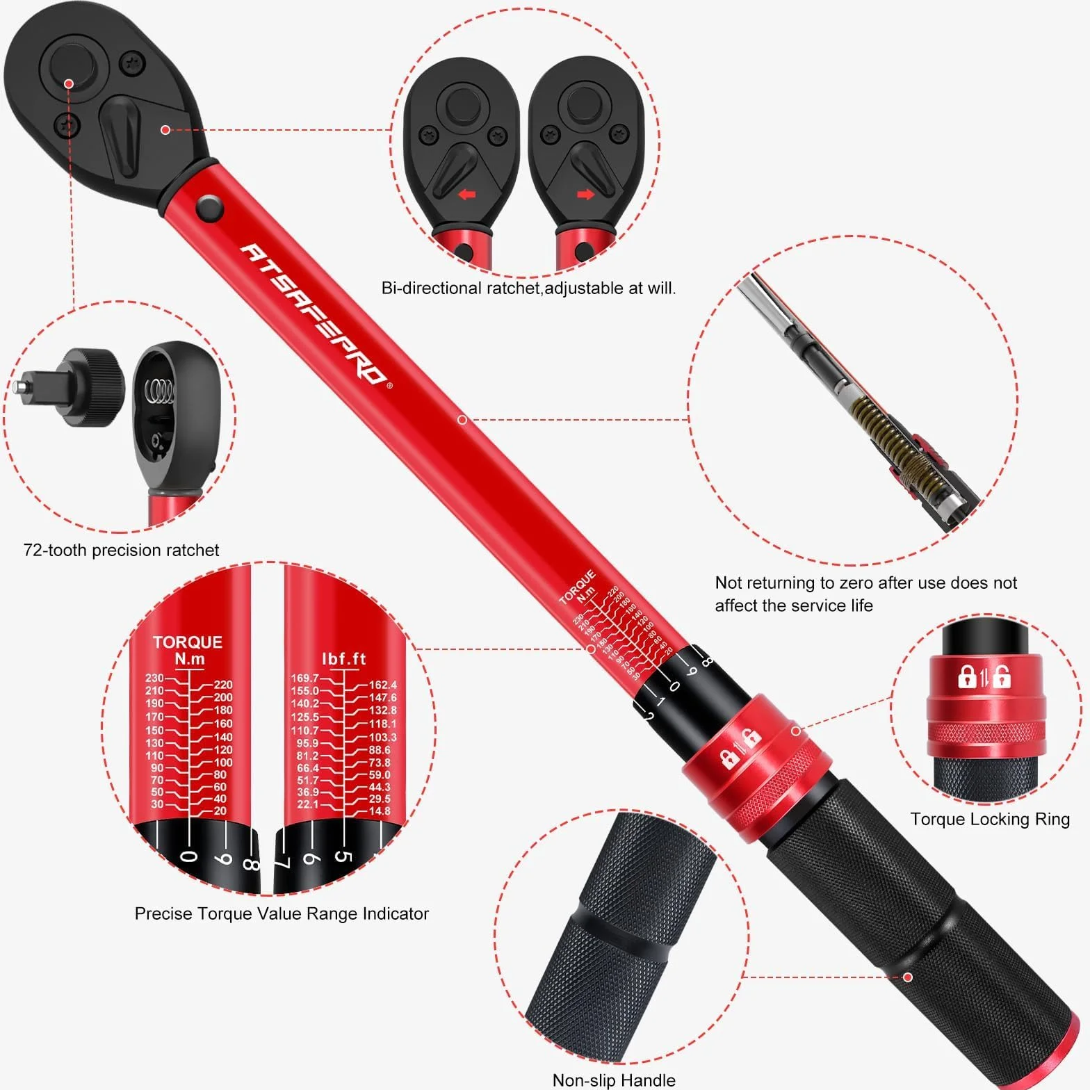 ATsafepro Zestaw 6 Kluczy Dynamometrycznych 1/4", 3/8", 1/2", Regulowane Klucze Dynamometryczne 1-25Nm, 5-60Nm, 20-230Nm Z Grzechotką 72-Zębną, Adaptery 3 szt dokładność ±3% motocykl samochód rower