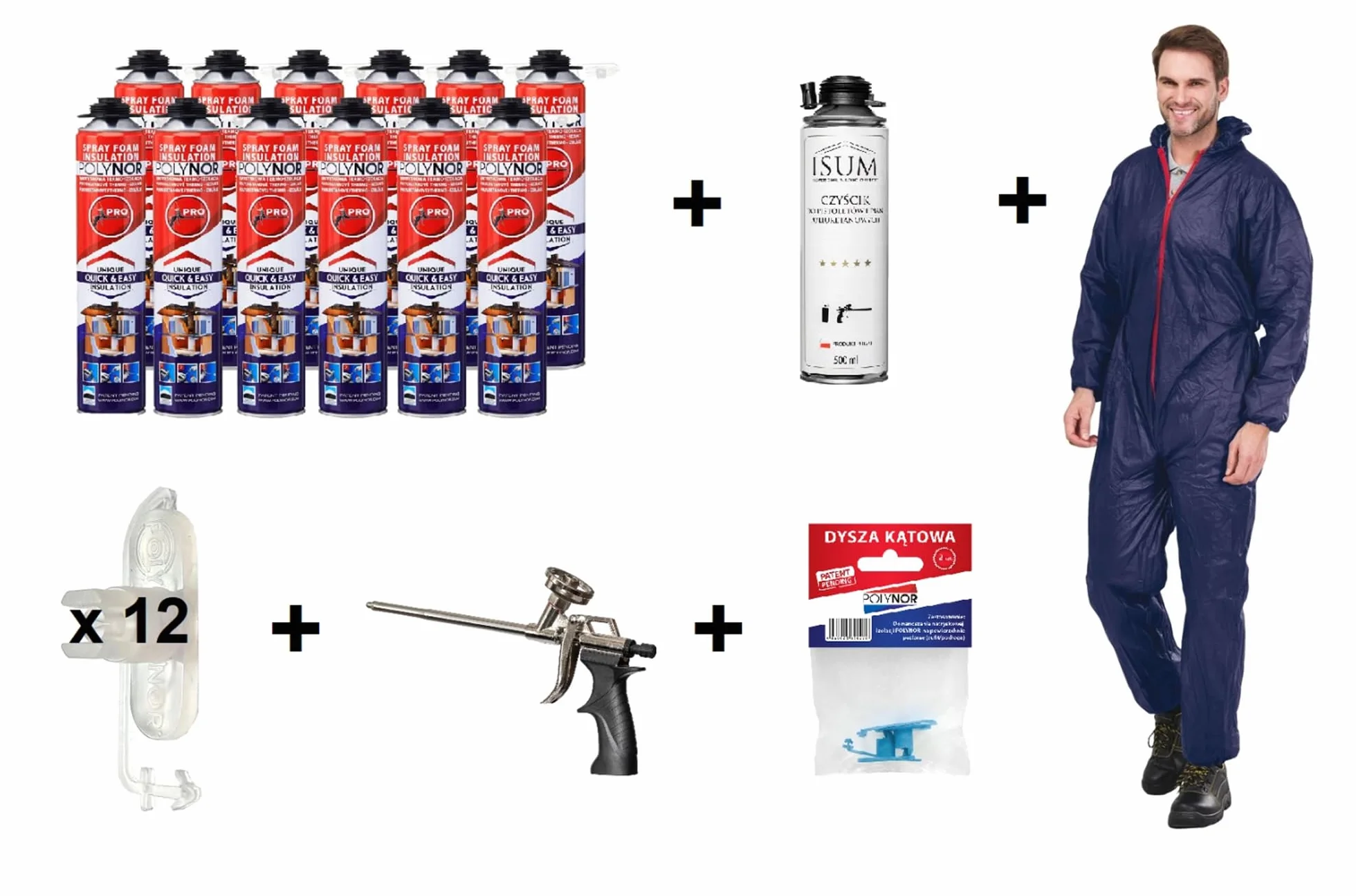 POLYNOR Izolacja Cieplna PUR w Puszce PRO - Pełny Zestaw 29 elementów - 12 Pianek - Pistolet do piany - Natryskowa Izolacja Termiczna - Izolacja Ścian, Dachów, Sufitów, Rur - Aerozol 750 ml