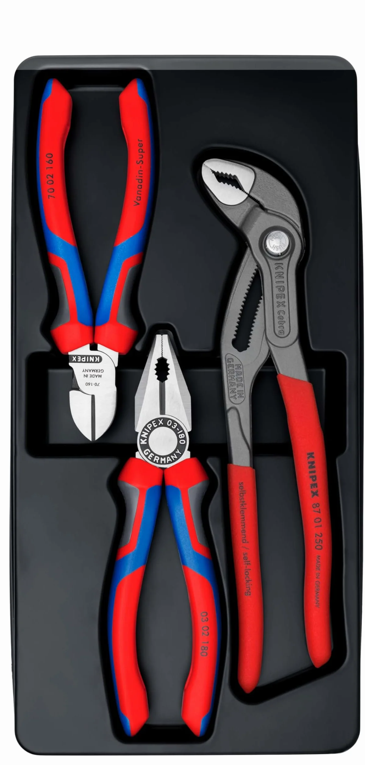 KNIPEX Zestaw szczypiec bestsellerów 1 x 03 02 180, 1 x 70 02 160, 1 x 87 01 250 w opakowaniu z zawieszką, 00 20 09 V01