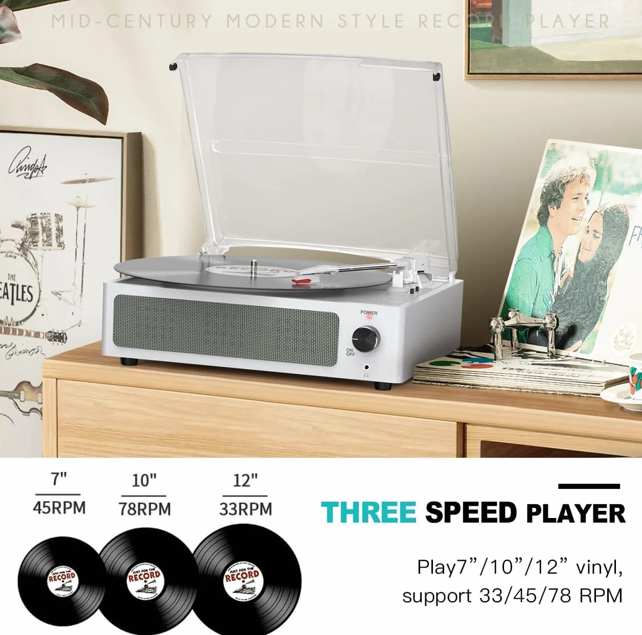 Gramofon bezprzewodowy LP z winylem, 3-biegowy napęd pasowy, retro biały