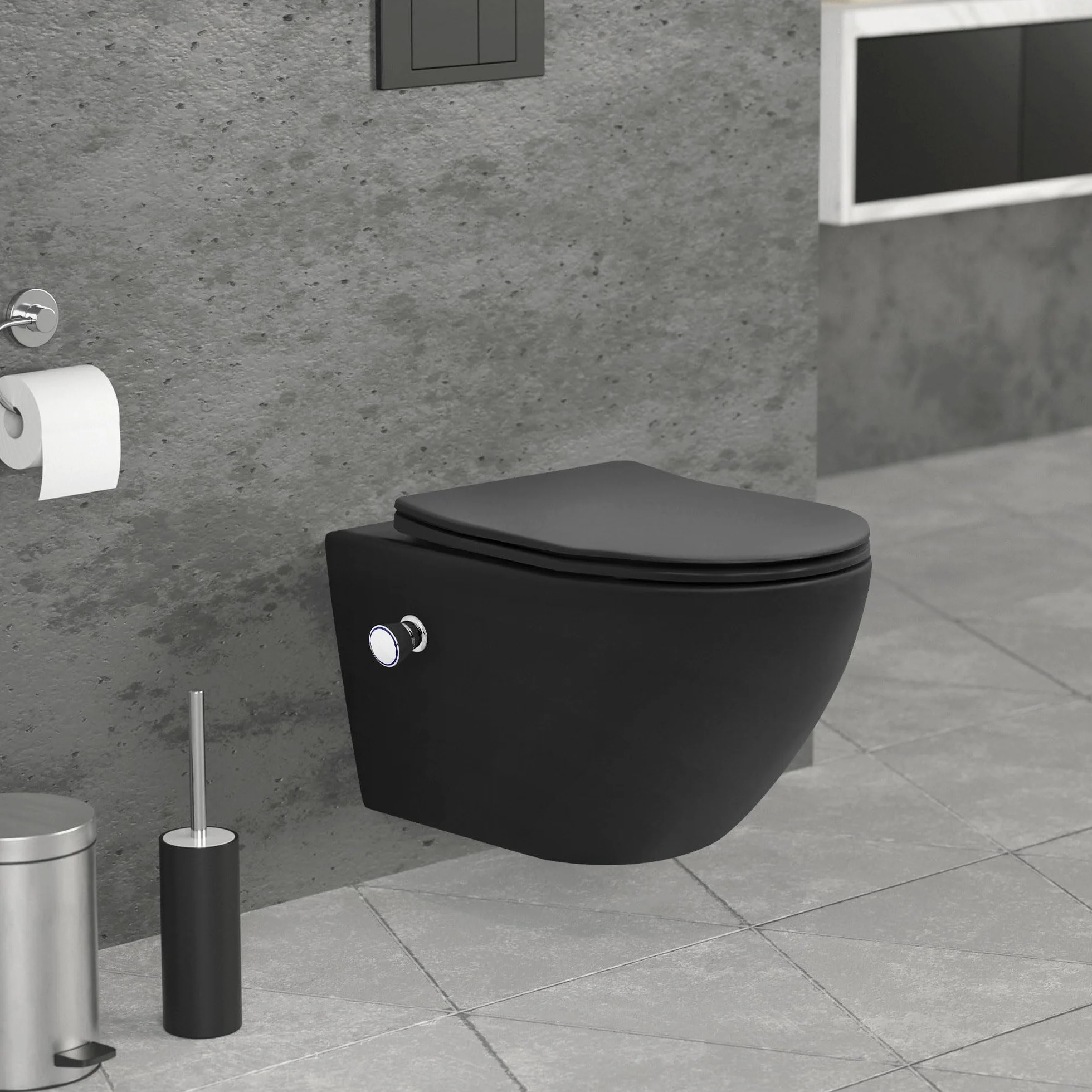 LuxeBath wiszaca muszla klozetowa bez rantu z funkcja bidetu czarna, gleboko splukiwana ceramiczna klozetowa, dluga 54 cm, natryskowa muszla klozetowa z nanopowloka, miekko zamykana deska klozetowa