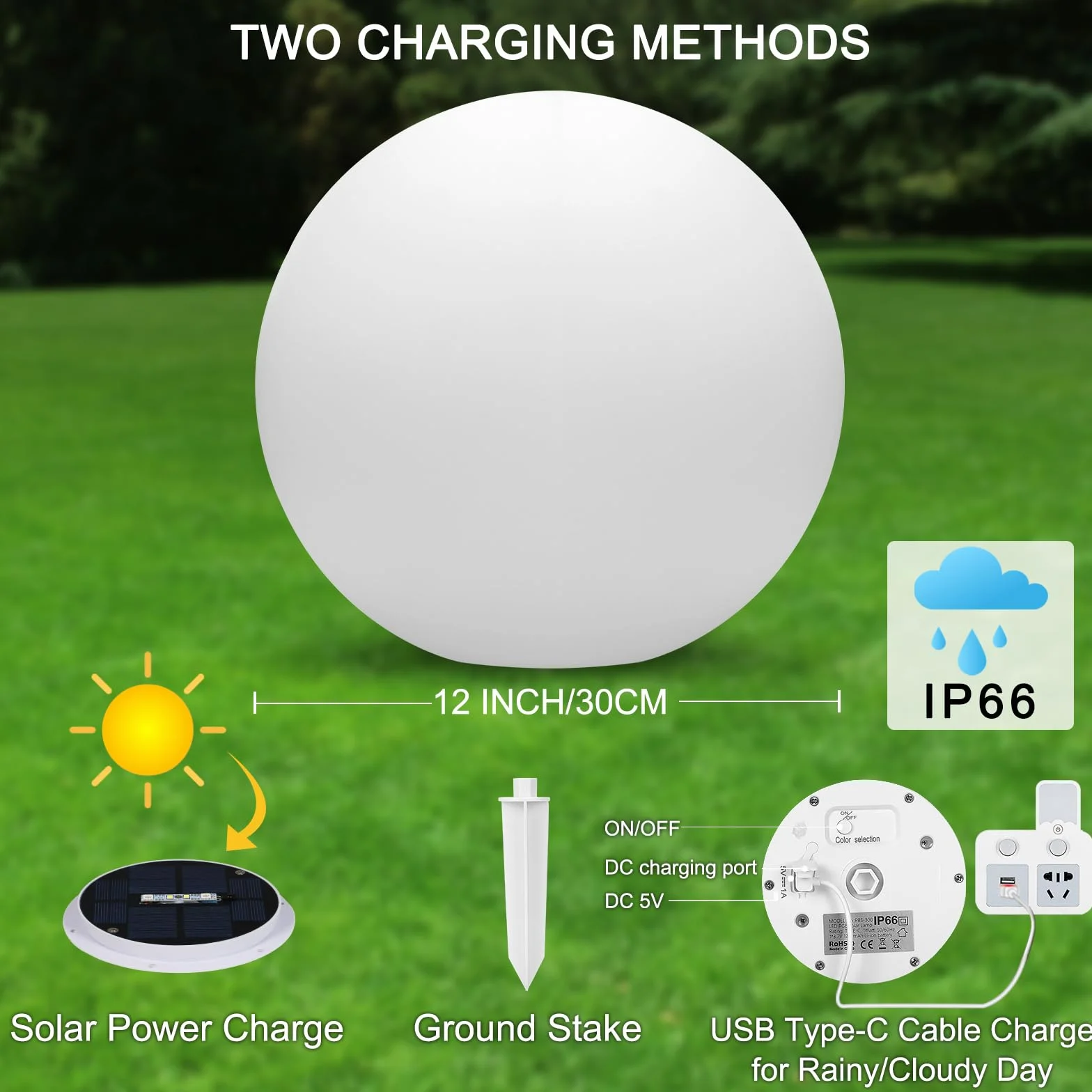 2 sztuki RGB lampa ogrodowa kula świetlna, 30 cm kula ogrodowa wodoodporna zewnętrzna lampa słoneczna IP66, 1200 mAh ściemniana lampa solarna dekoracja do pokoju, na zewnątrz, basen, balkon