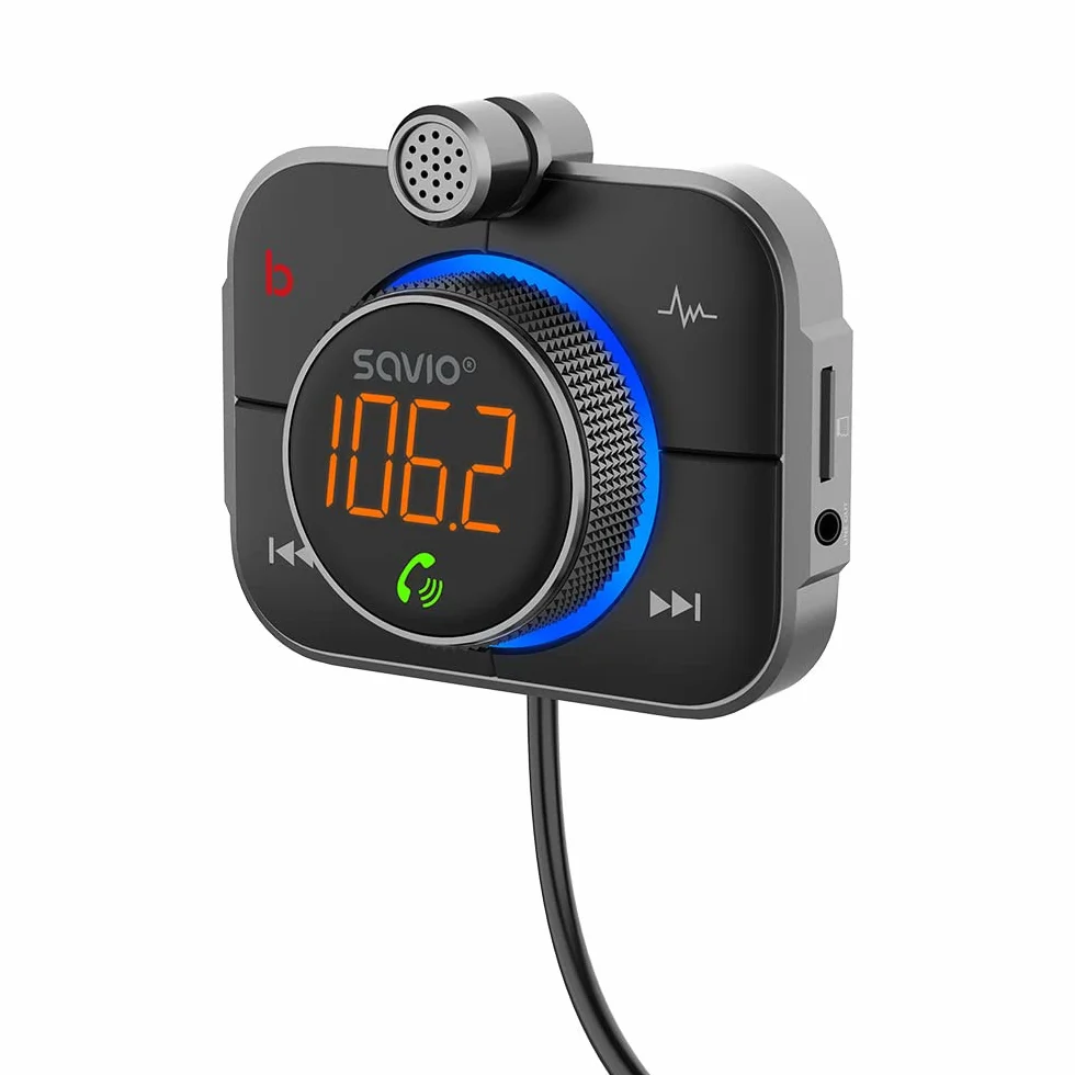 SAVIO Adapter Bluetooth do zapalniczki samochodowej - Nadajnik FM do samochodu Bluetooth - Adapter Bluetooth do samochodu - Adapter Bluetooth do radia samochodowego - Bluetooth 5.0 - Karta SD