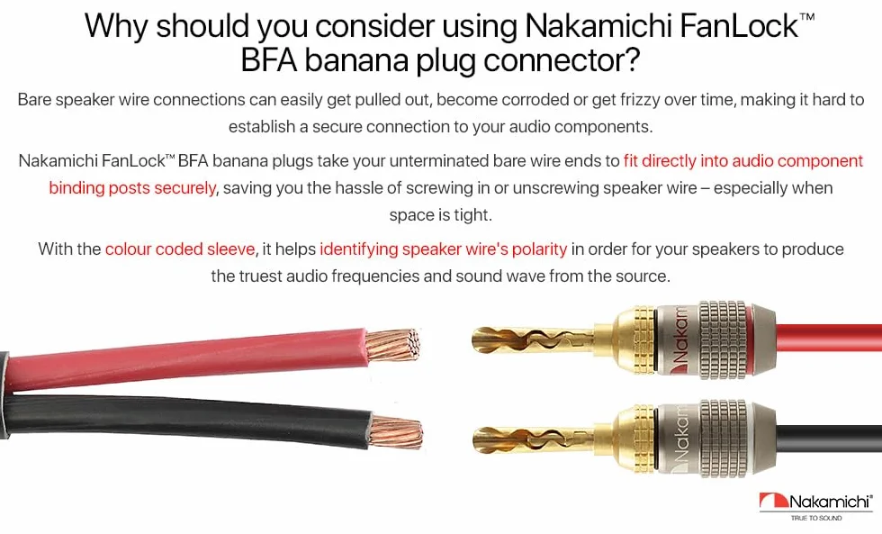 Nakamichi FanLock Wtyk BFA bananowy platerowany 24-karatowym złotem 10 AWG - 18 AWG Rozmiar miernika 4 mm dla głośników Wzmacniacz Hi-Fi Kino domowe Kabel audio Szybkozłącze, 8 Sztuki (4-Pary)