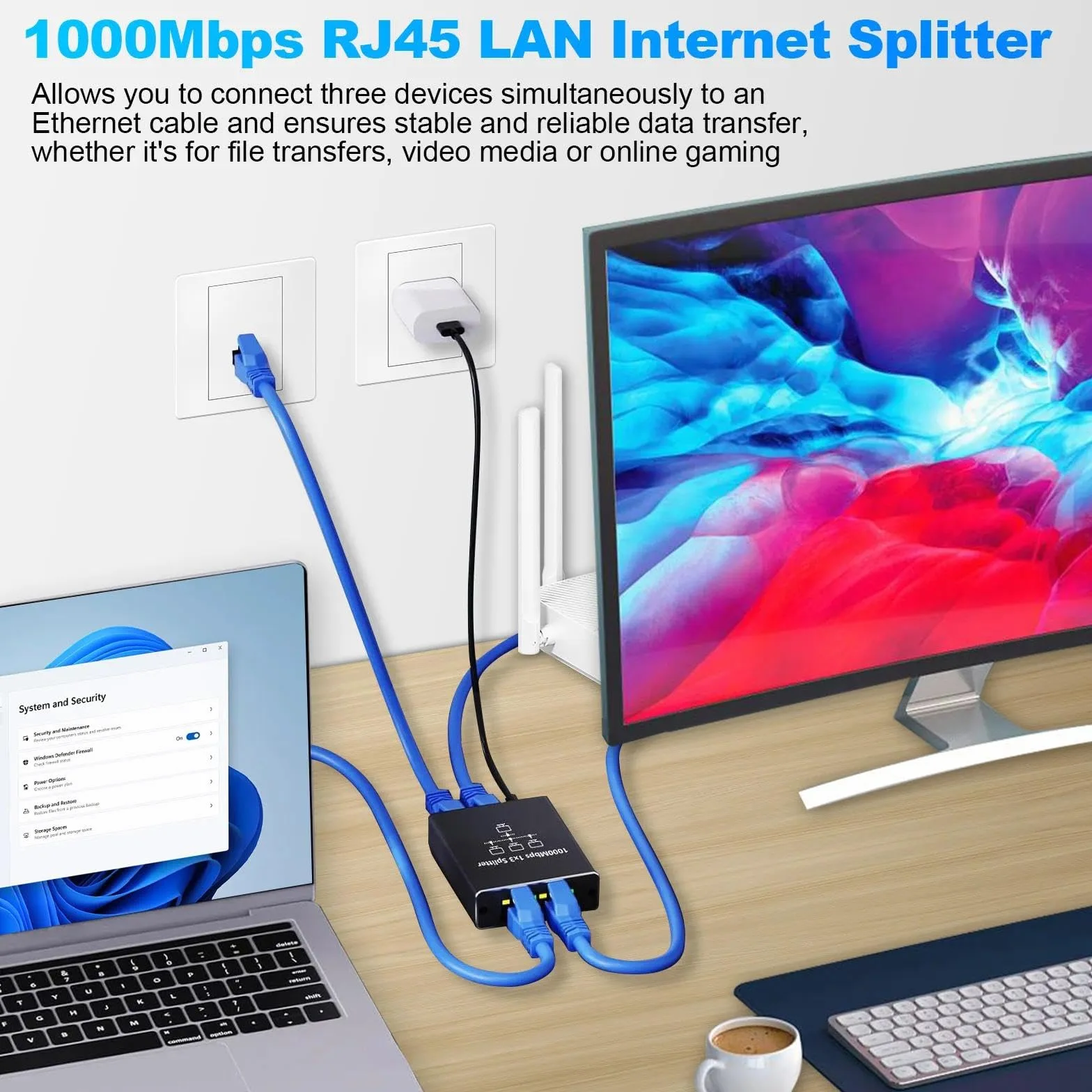 Loydia Rozdzielacz LAN 1 Na 3, Gigabit Ethernet Switch 3 Porty Z Kablem Sieciowym Typu C, 1000 Mbps RJ45 Do Komputera, Laptopa, Przełącznika, Routera, Gniazda Sieciowego, TV