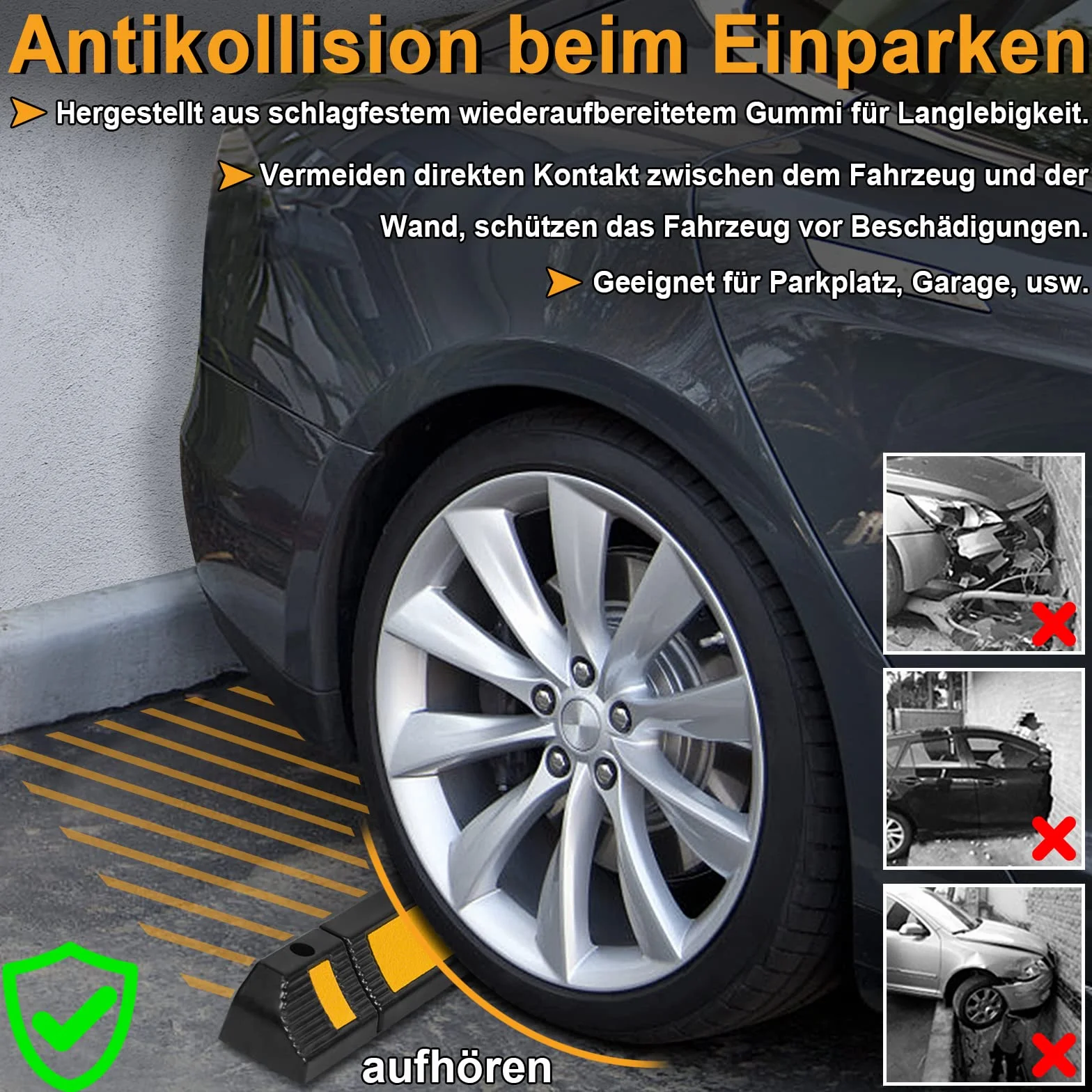 UISEBRT Gumowy stoper parkingowy do garażu – 2 gumowe stopery parkingowe, bariera parkingowa z paskami odblaskowymi do garażu i parkingu, 60 x 12 x 10 cm, czarny + żółty (2 sztuki)