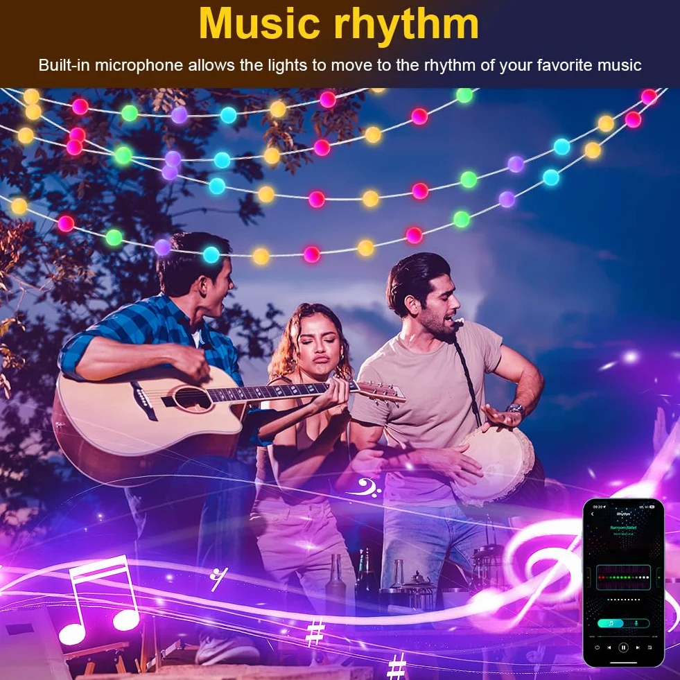 AUAUY Smart Globe String Lights, 10M 66 LED Outdoor/Indoor String Lights, Zmiana koloru, Zasilane przez USB, z aplikacją, Dekoracja na imprezę Halloween, Boże Narodzenie