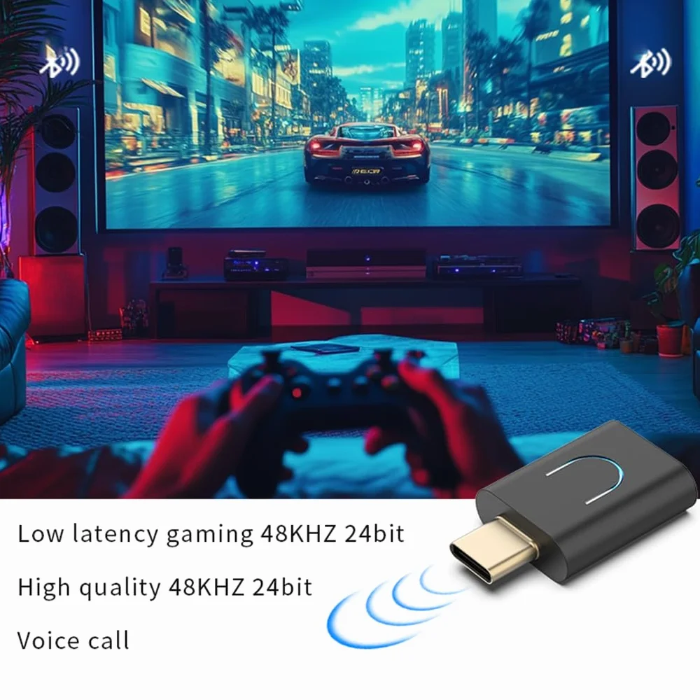 Nadajnik audio LC3 kompatybilny z Bluetooth 5.4 adapter muzyczny stereo bezprzewodowy aptX-LL/HD typ c z Auracast dla PC TV PS4/5