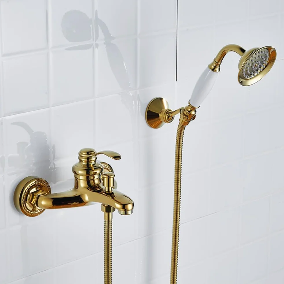 Retro mosiężny kran wannowy z naścienną głowicą prysznicową 150 cm wąż tradycyjny design luksusowe złote wykończenie idealny do renowacji i modernizacji łazienki